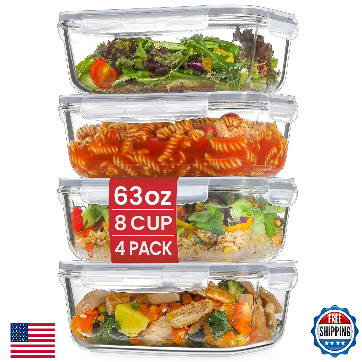 Snuvid 4 Pack 8 Cups Large Glass Storage Containers with Lids Meal Prep Leak Pro