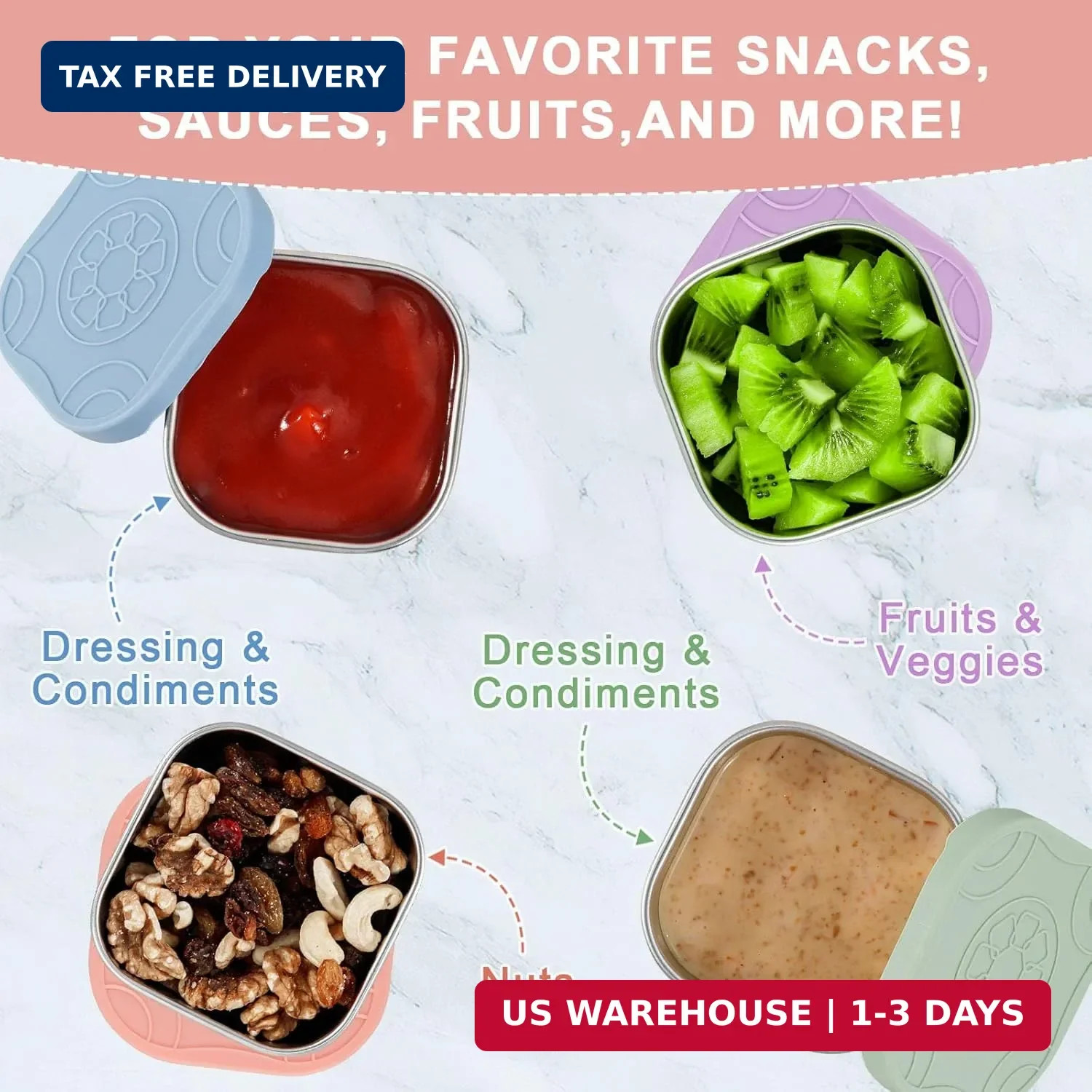 Stainless Steel Snack Containers Set of 4 Silicone Lids 4.7oz Leakproof BPA Free