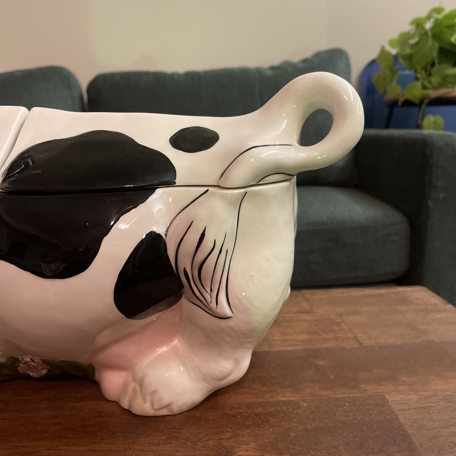 VTG Ceramic Cow Cookie Jar Black White Pink Bow Granny Twin Winton Cottage 16″