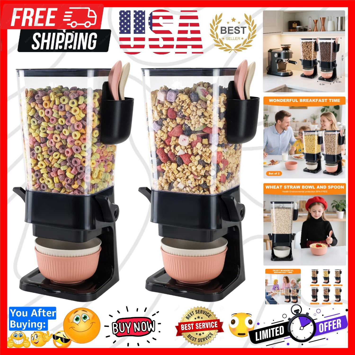 Elegant Black Cereal Dispenser 2-Pack – 5.5 QT Dry Food Organization Solution