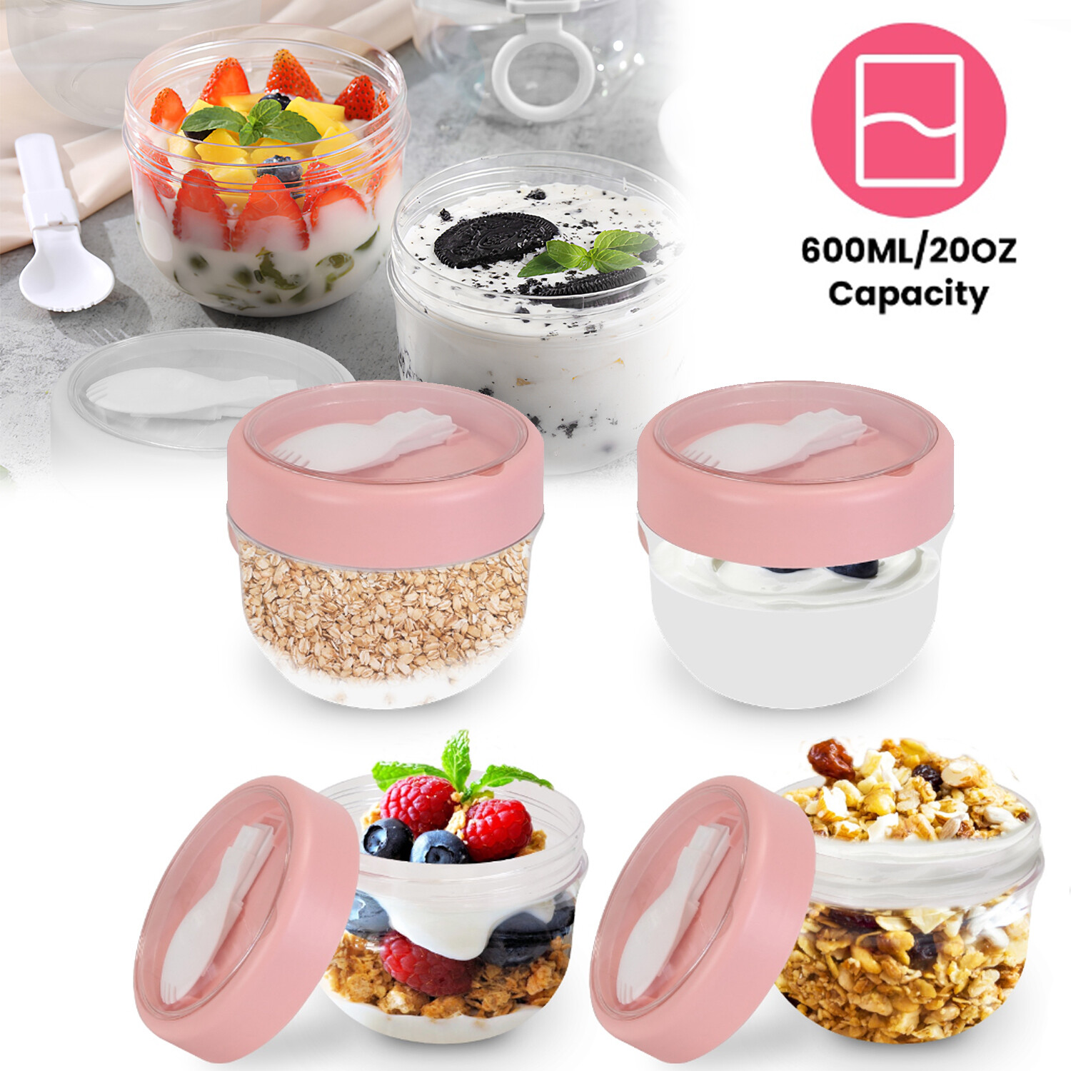 4Pcs 20OZ Overnight Oats Containers Jars with Lid and Folding Spoon Yogurt