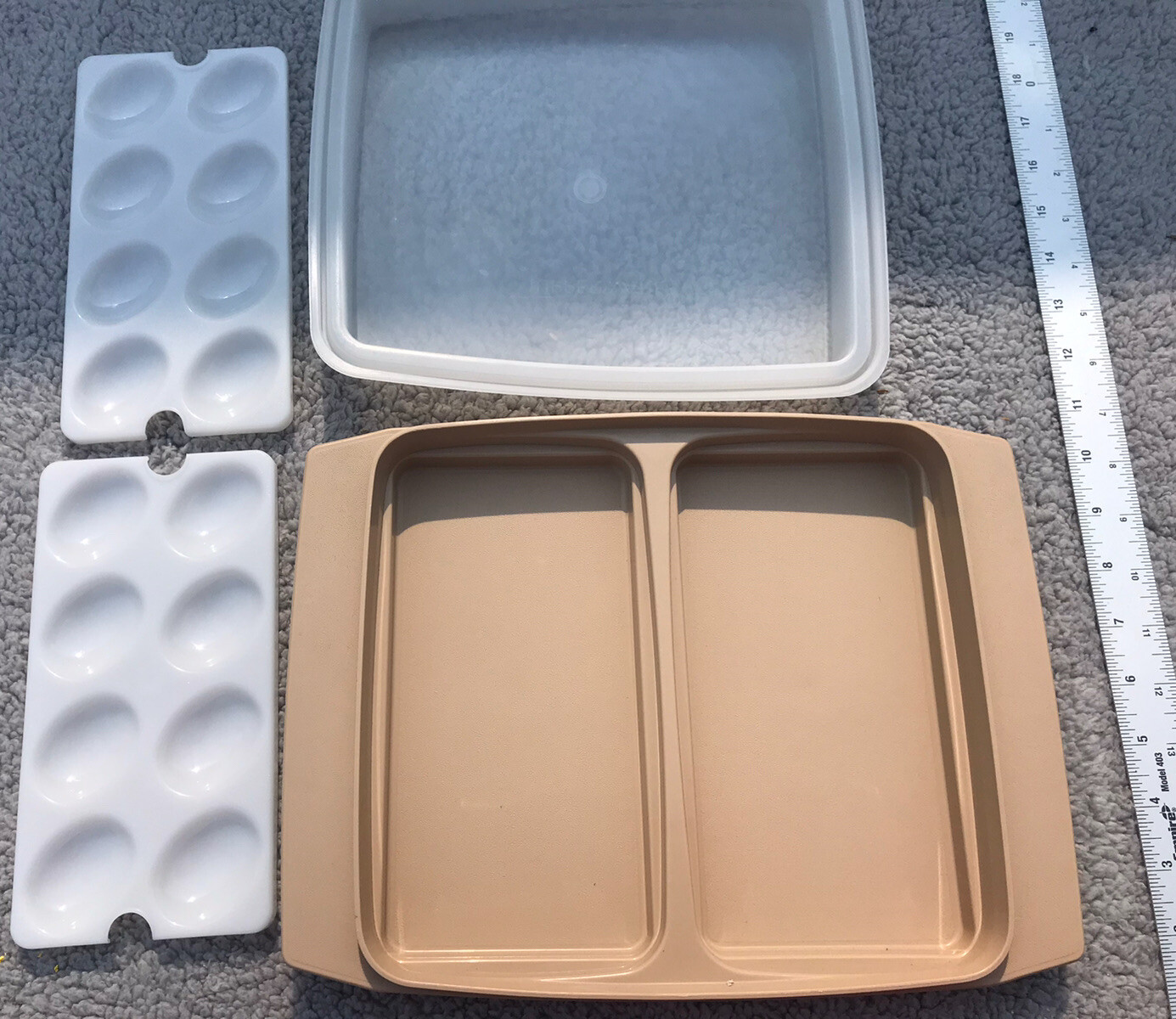 Vtg Tupperware Deviled Egg Keeper Carrier Tray Container 4 Pc Beige Almond Set
