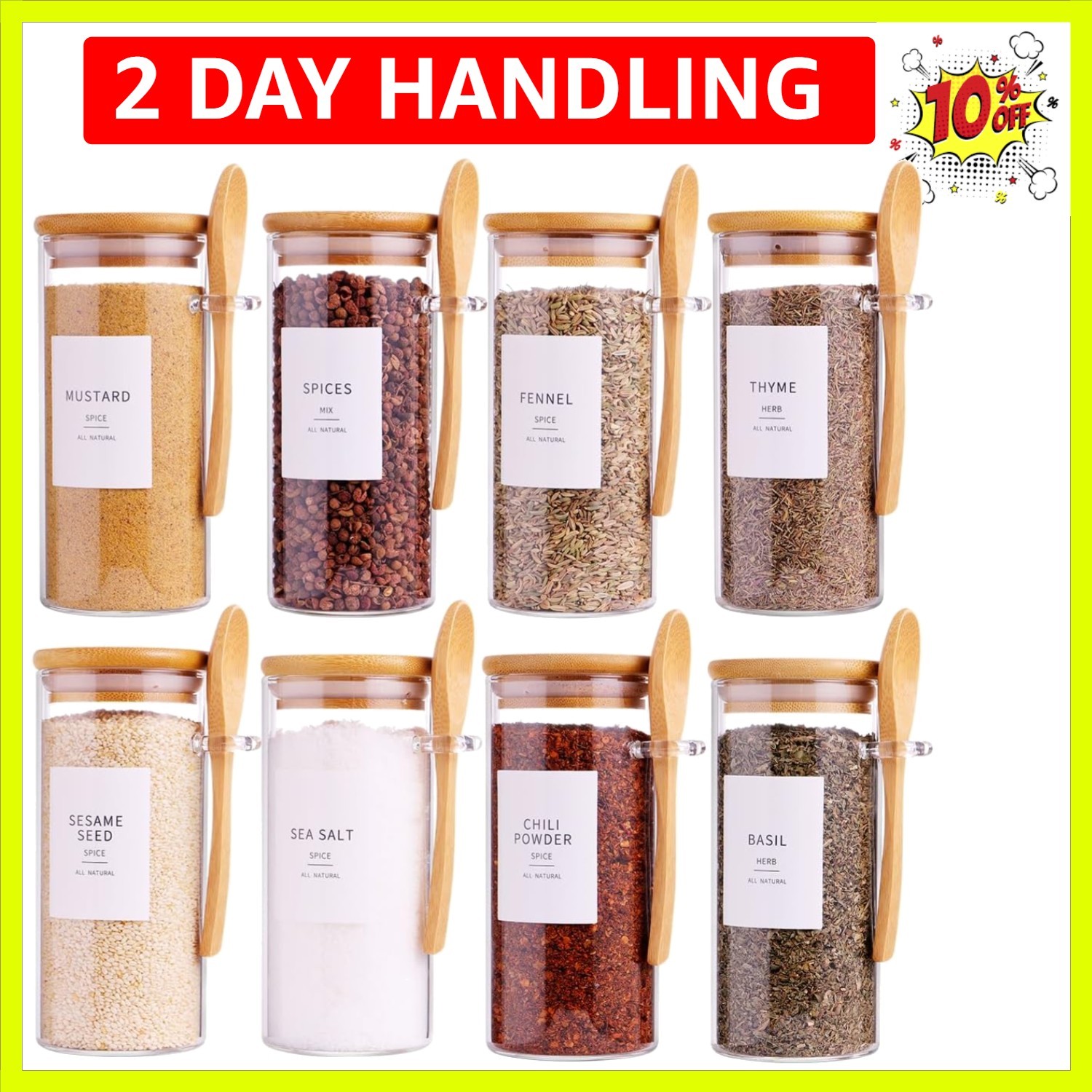 8 Pcs Glass Containers with Bamboo Lids and Spoons – 10 oz Sugar Container wi…