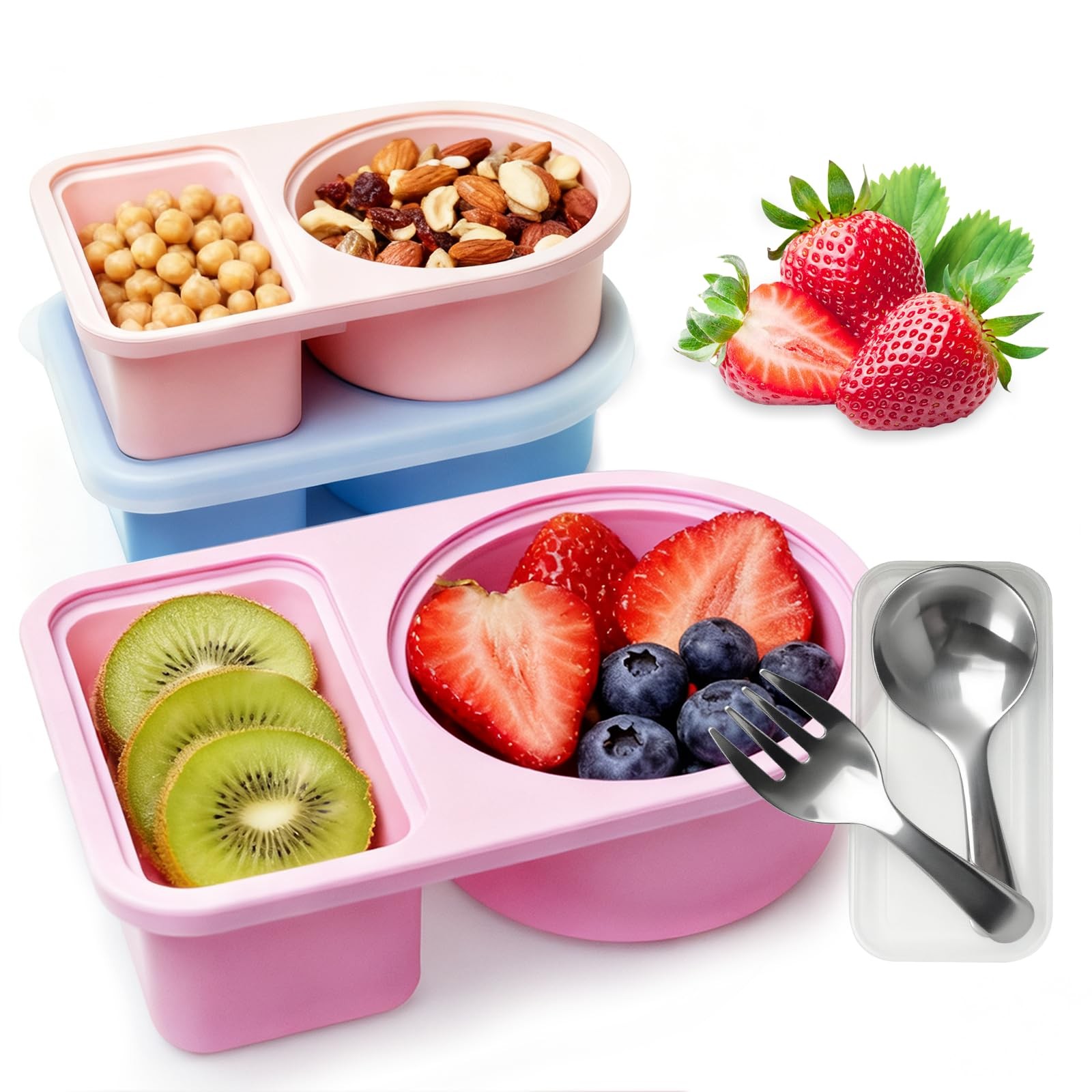 TZona 3 Pcs Reusable Snack Containers With Medium, PINK, BLUE, APRICOT PINK