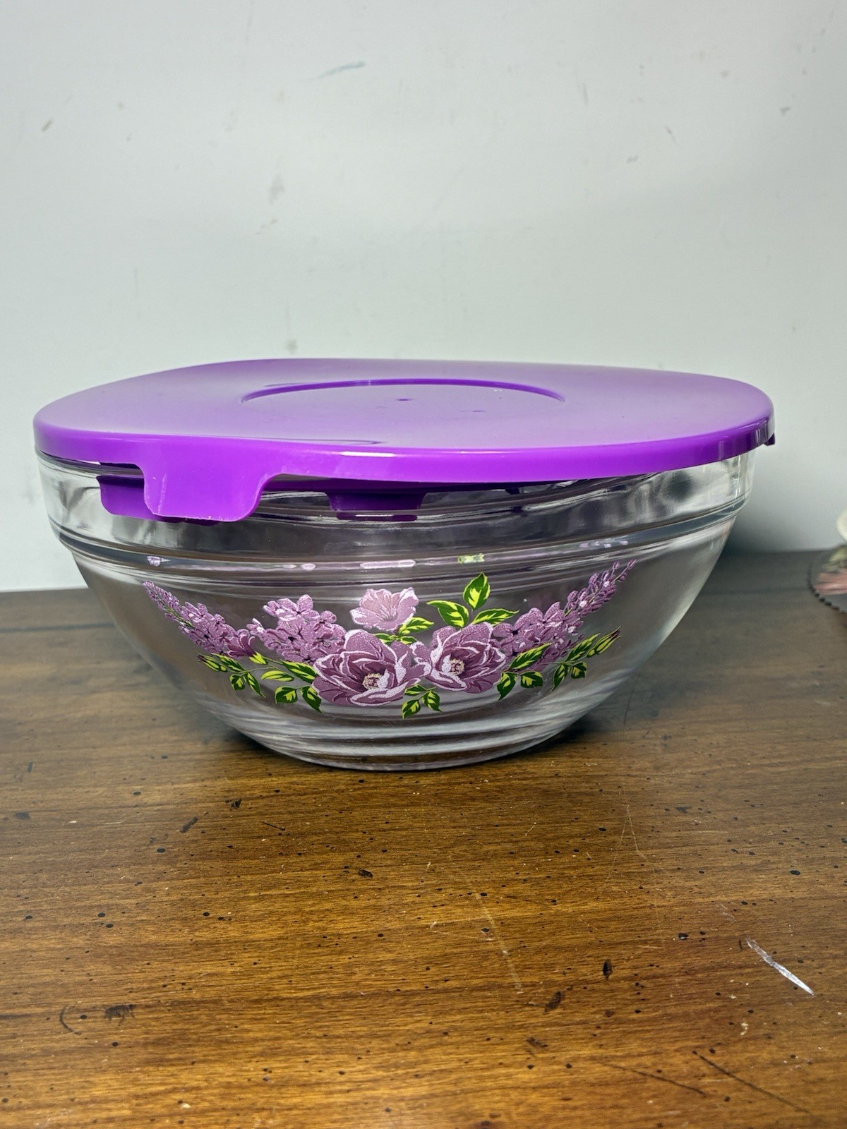 Vintage Durable Imperial 10p Nesting Glass Bowl Set w/ Purple Lids Floral Design