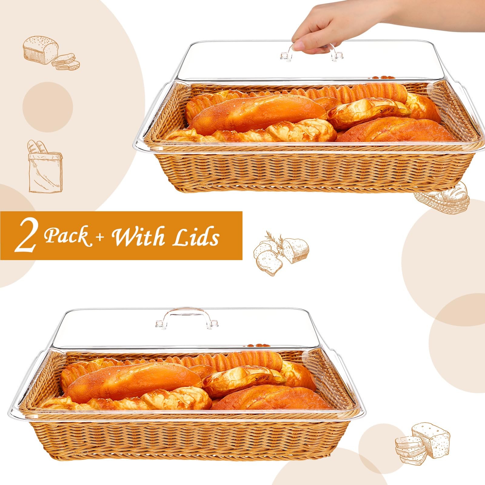 2 Pack Wicker Large Bread Basket with Acrylic Lid Housewarming Gift Woven Rec…