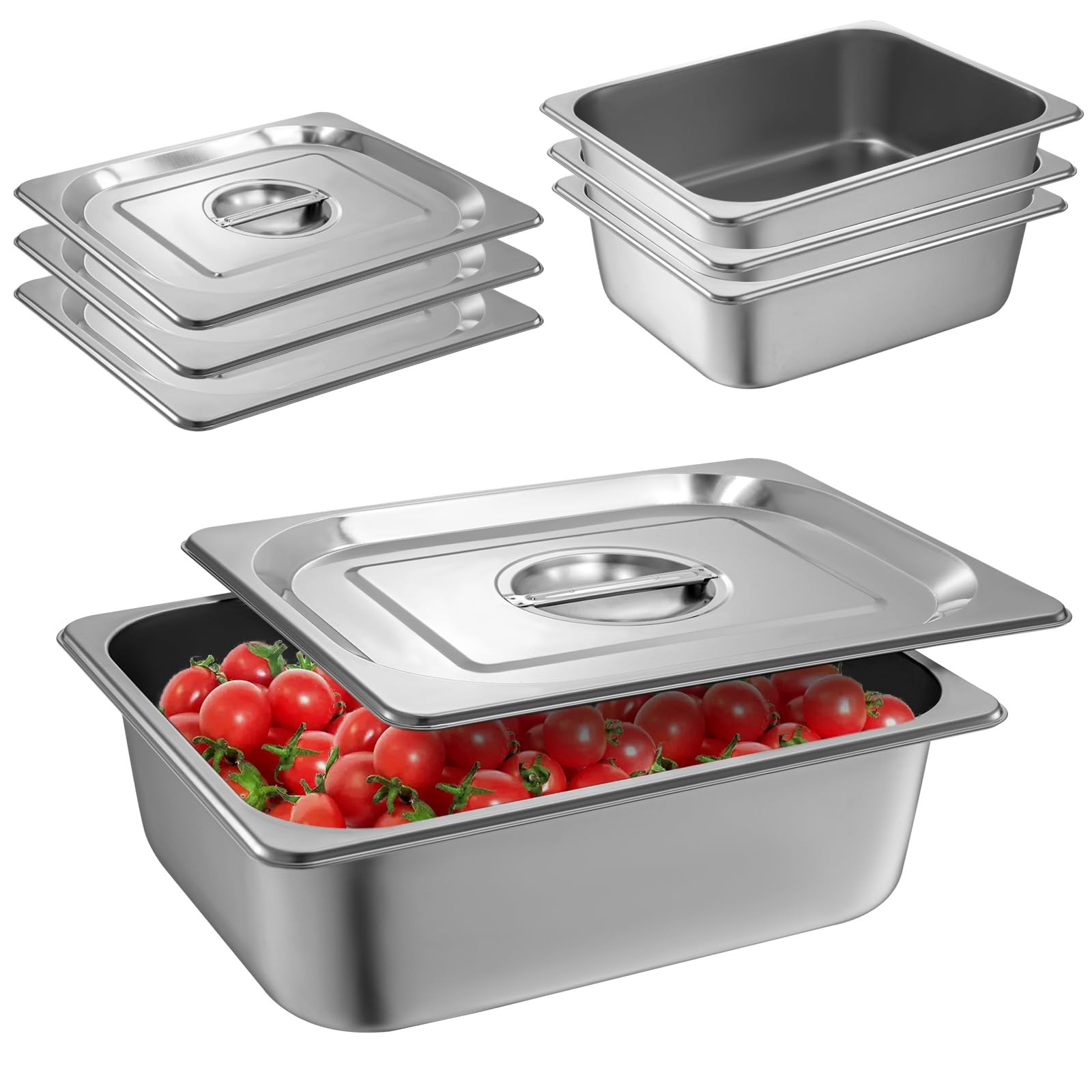 1/2 Size Hotel Pan with Lids 4 Pack, 4” Deep Steam Table Pan, 12.8”L x 10.4…