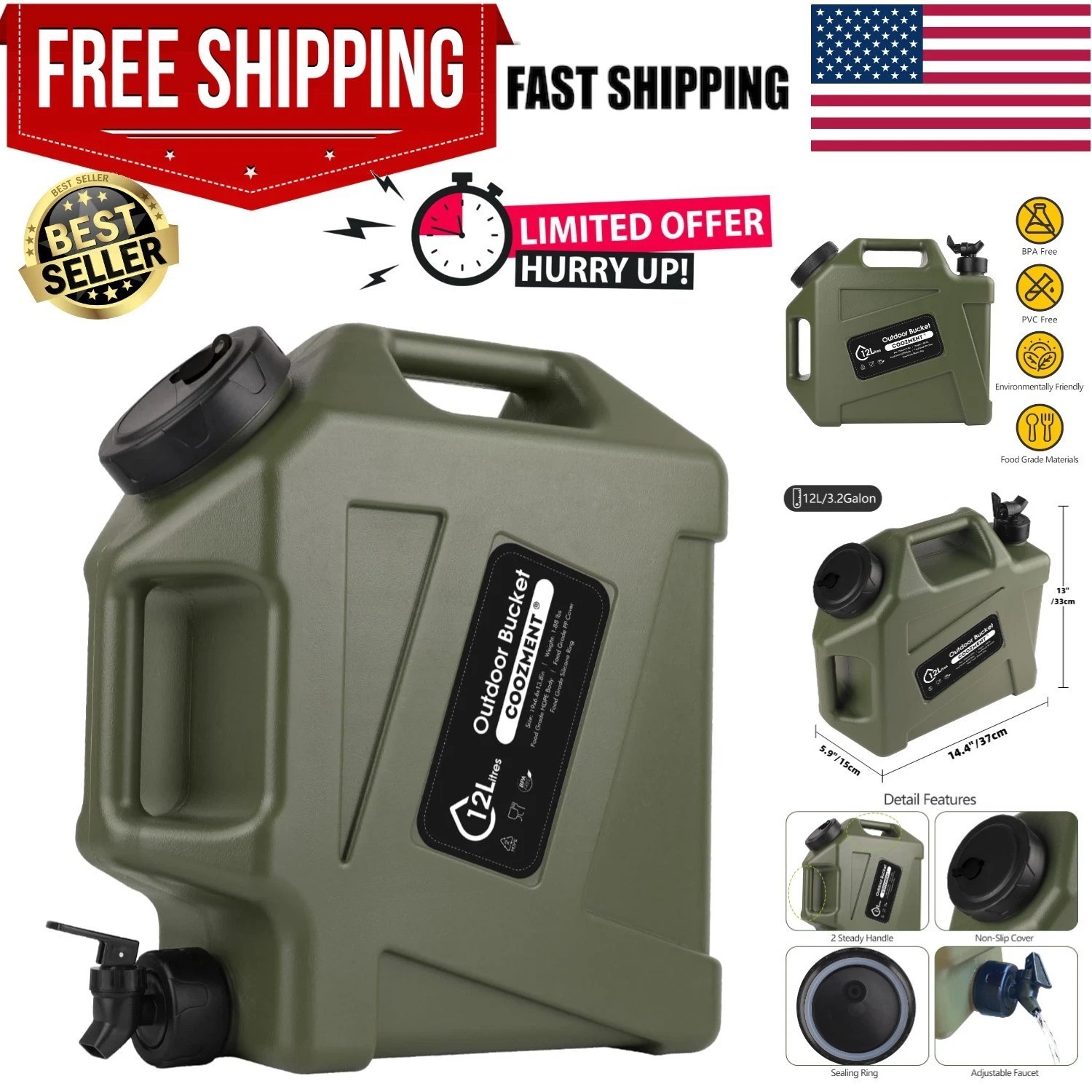 Military Green Water Container: 3.2/5 Gallon Spigot Jug for Outdoor Adventures