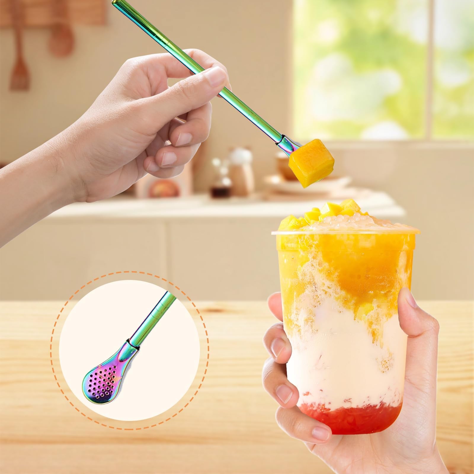2 Pieces Stainless Steel Straw Spoon Filter with 2 Cleaning Brush, 18, Gold