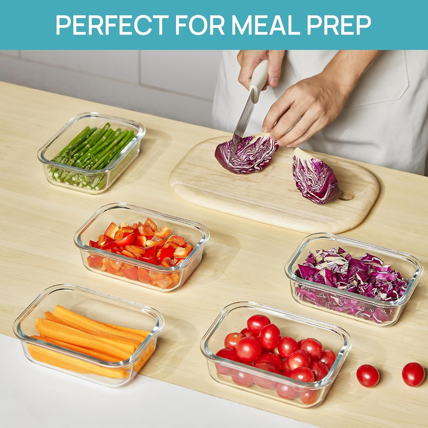Vtopmart 5Pack 22Oz Glass Storage Containers with Lids, Glass Meal Prep Food Con