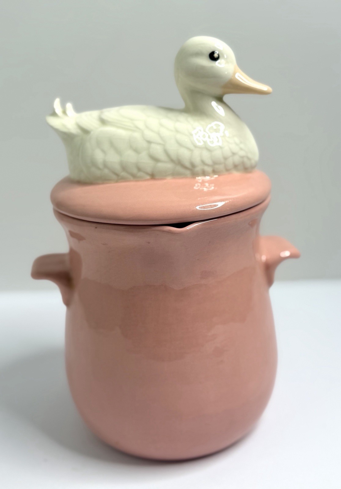 Pink Ceramic Duck Jar Bacon Grease Keeper Strainer Insert Farmhouse