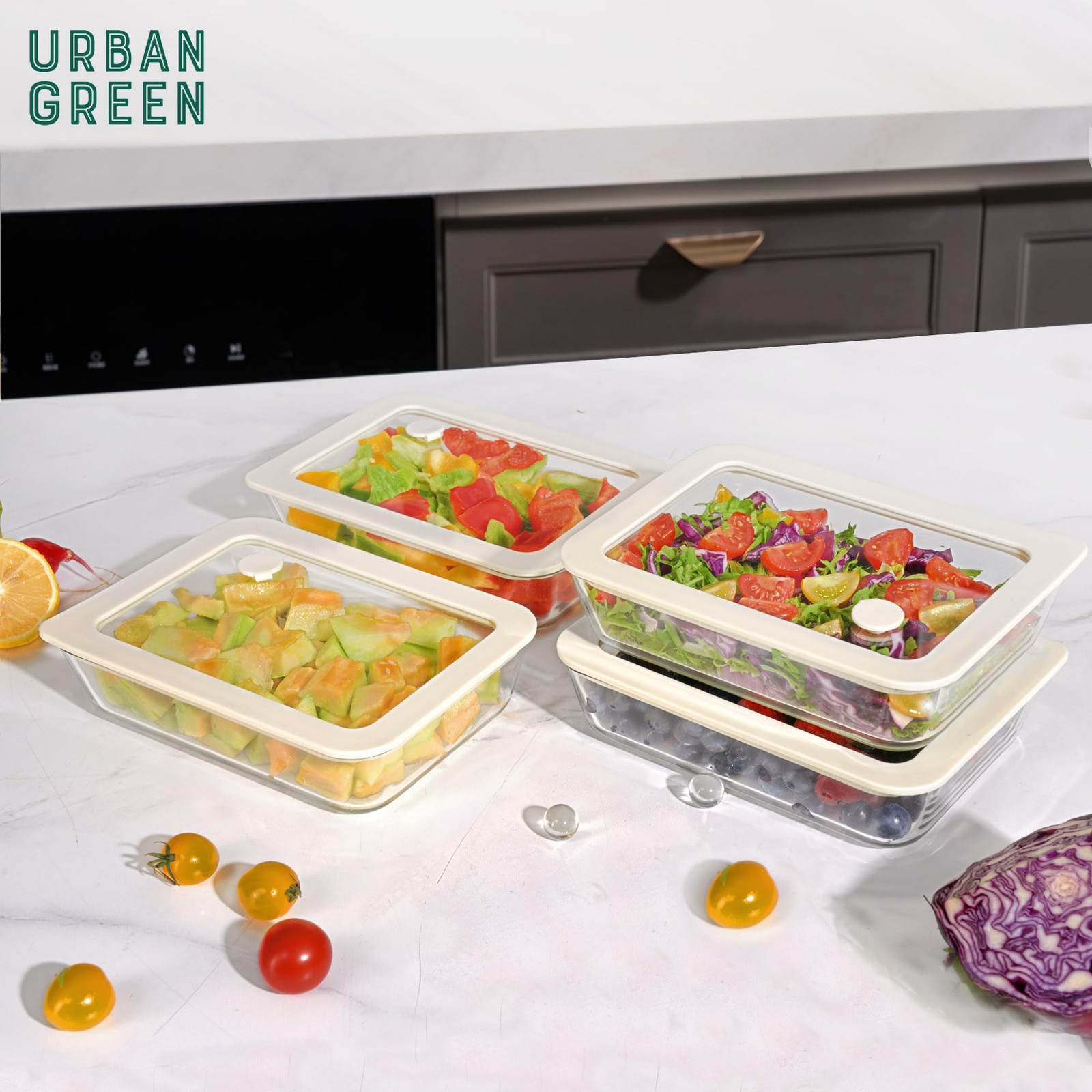 Urban Green Glass Food Container Set with Lid, 4 Pack, White Sand – 4P