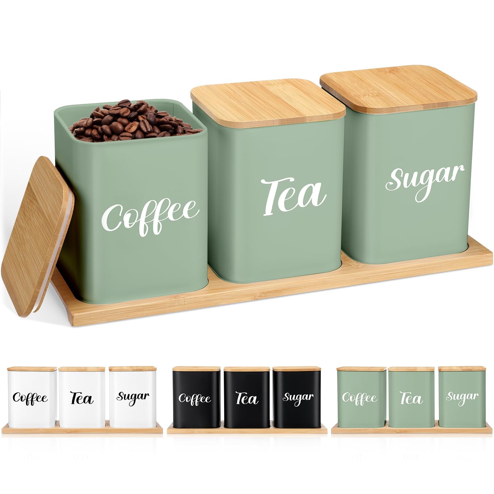 Coffee Tea Sugar Container with Tray Set of 3 Airtight Metal Canister with Ba…