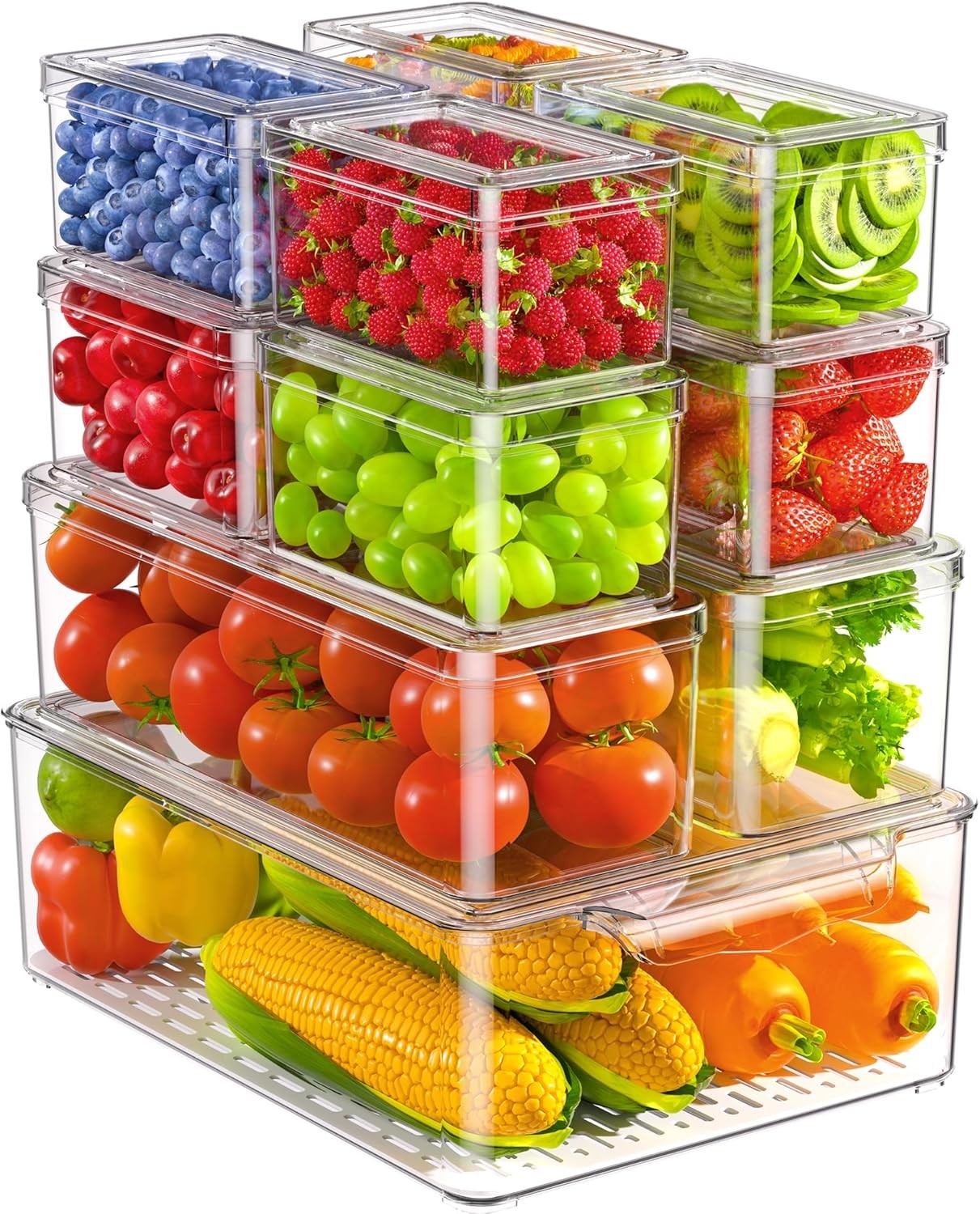11-Piece Refrigerator Storage Container Set, Clear Plastic Fruit Storage Boxes