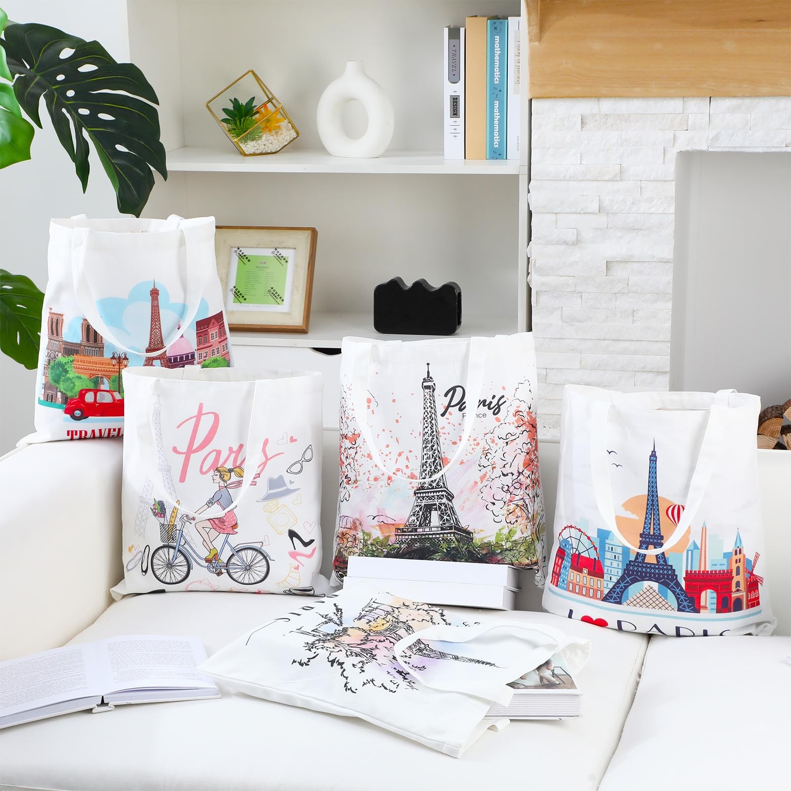 Bulyoou 9 Pcs Paris Tote Canvas Bags Souvenir Gift Grocery Shopping Tote Bag