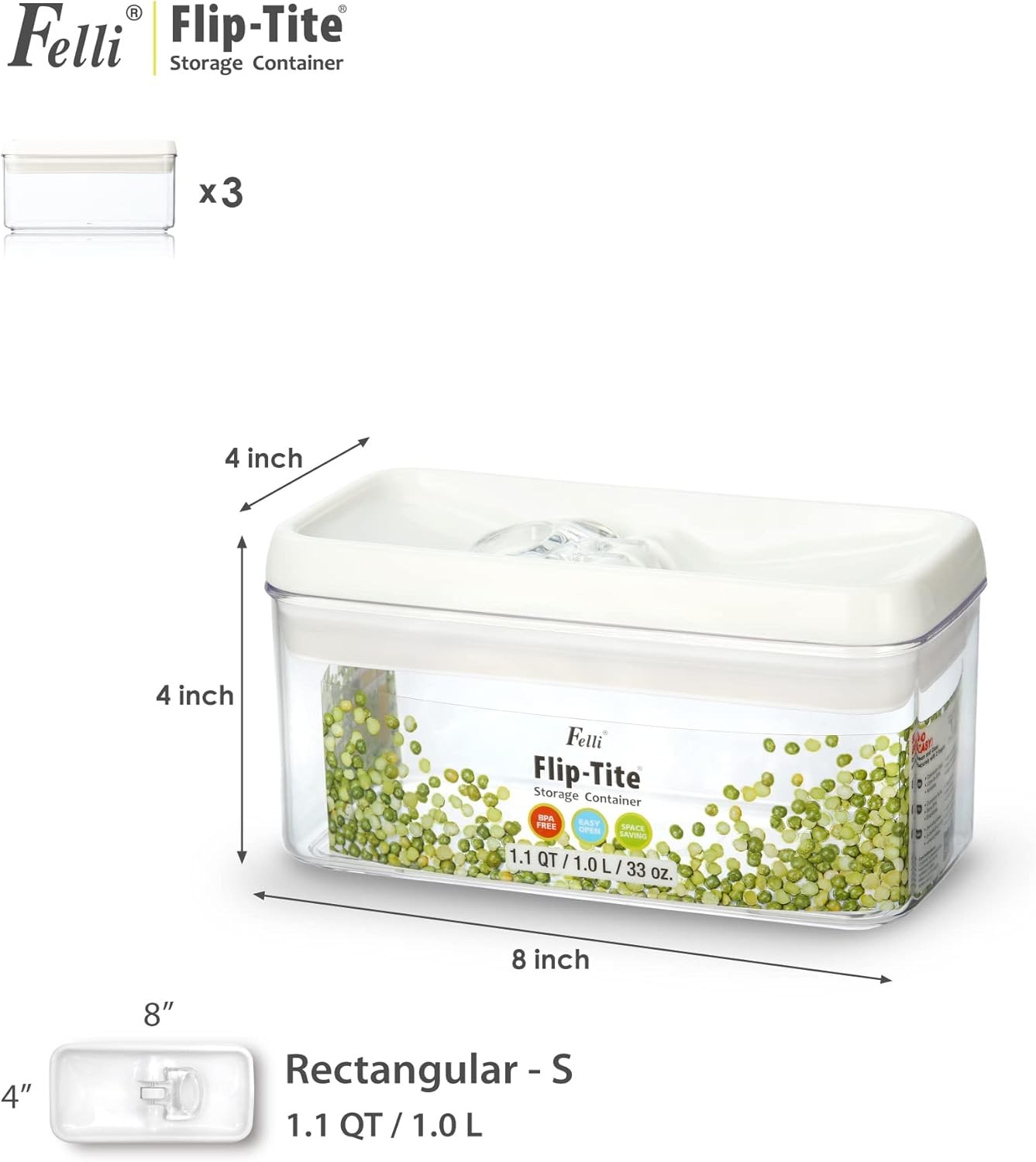 Flip Tite Food Storage Container W/ Lid RECTANGLE Airtight Ring Flip Lock Top