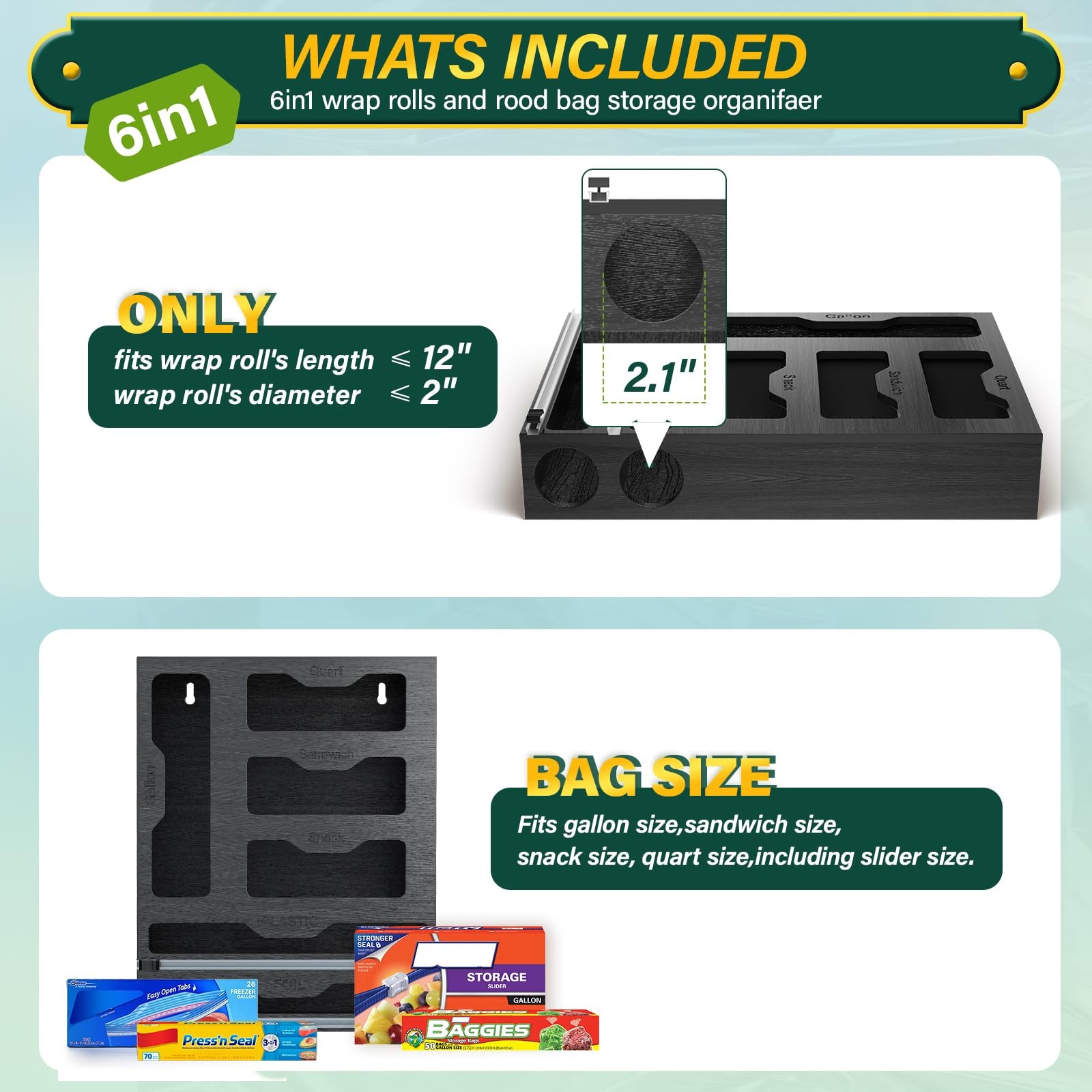 Bag Organizer & Plastic Wrap Dispenser with Cutter, 6 In 1 Foil & Plastic Wra…