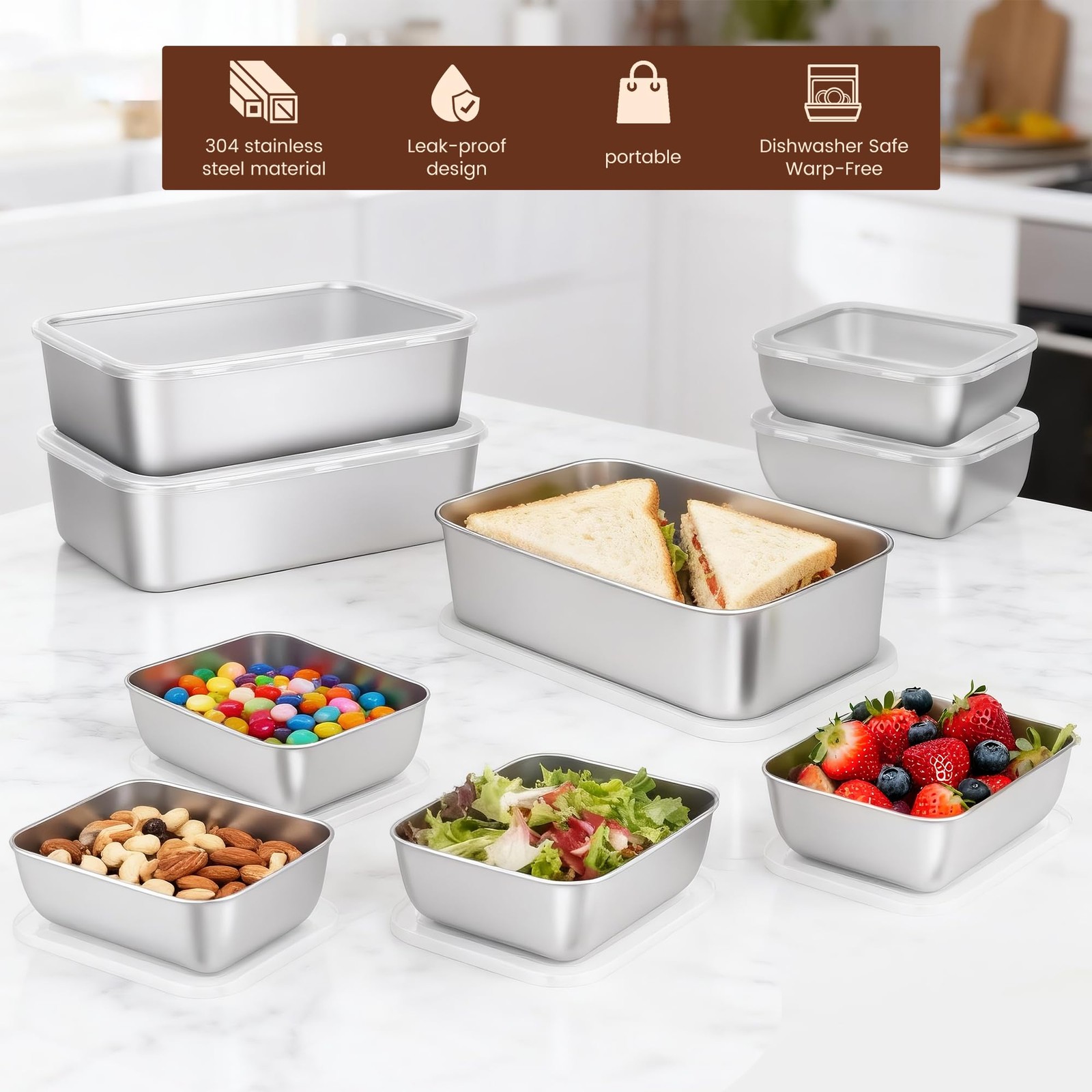 MQXYSDLY 9-Piece Stainless Steel Food Storage Containers Set with Lids – 3 La…