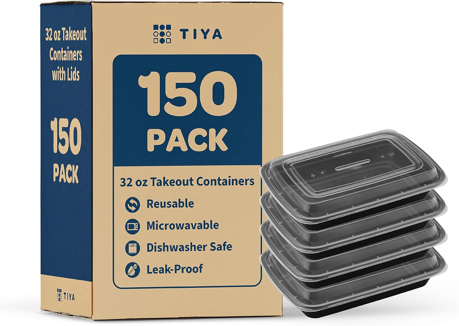 TIYA 32 Oz Food Containers – 150 Pack, Leak-Proof, BPA-Free, Reusable
