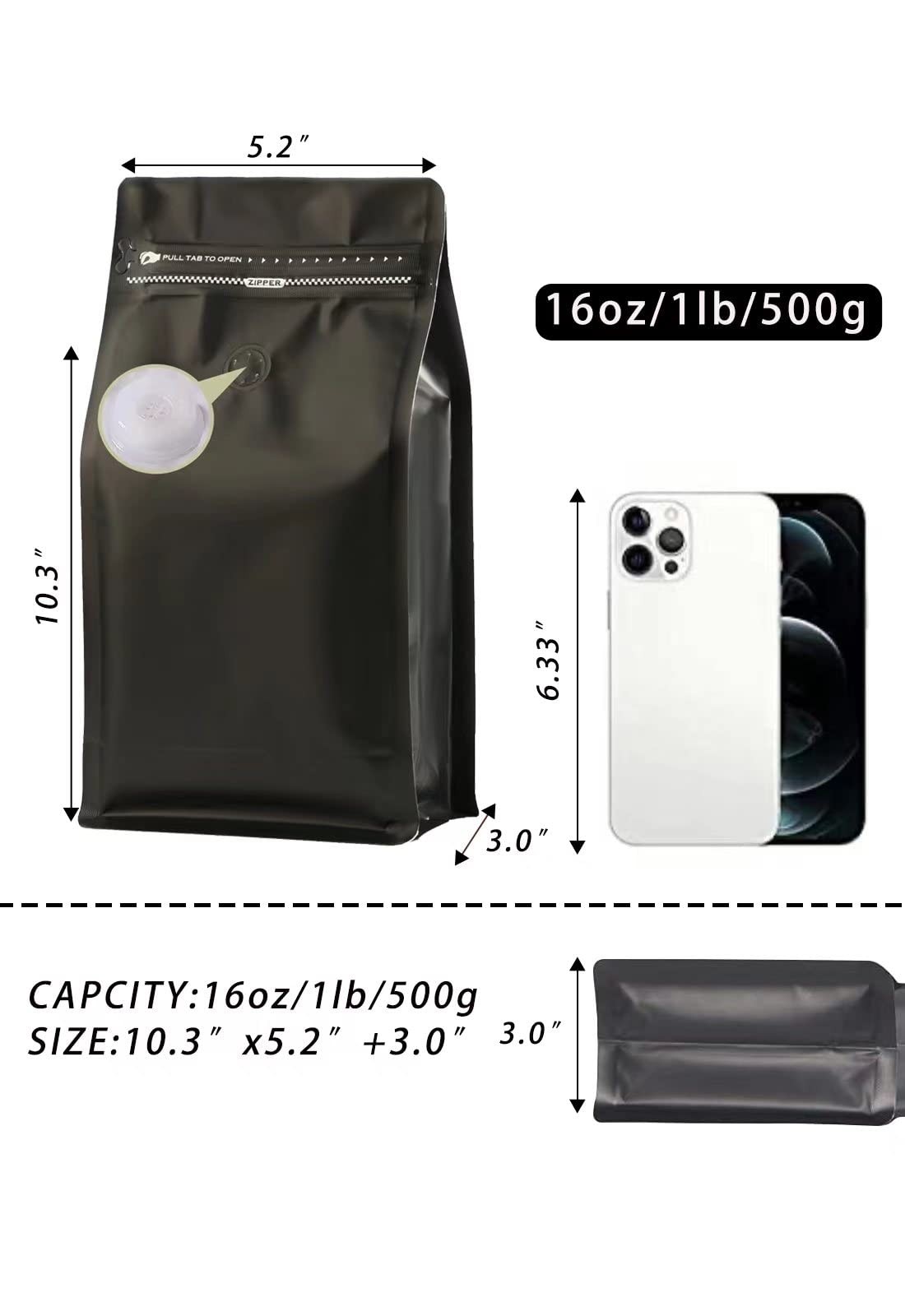 DMpcakDM Coffee Bags with Valve(16 oz,1 lb,50pcs) Black High Barrier Aluminum…