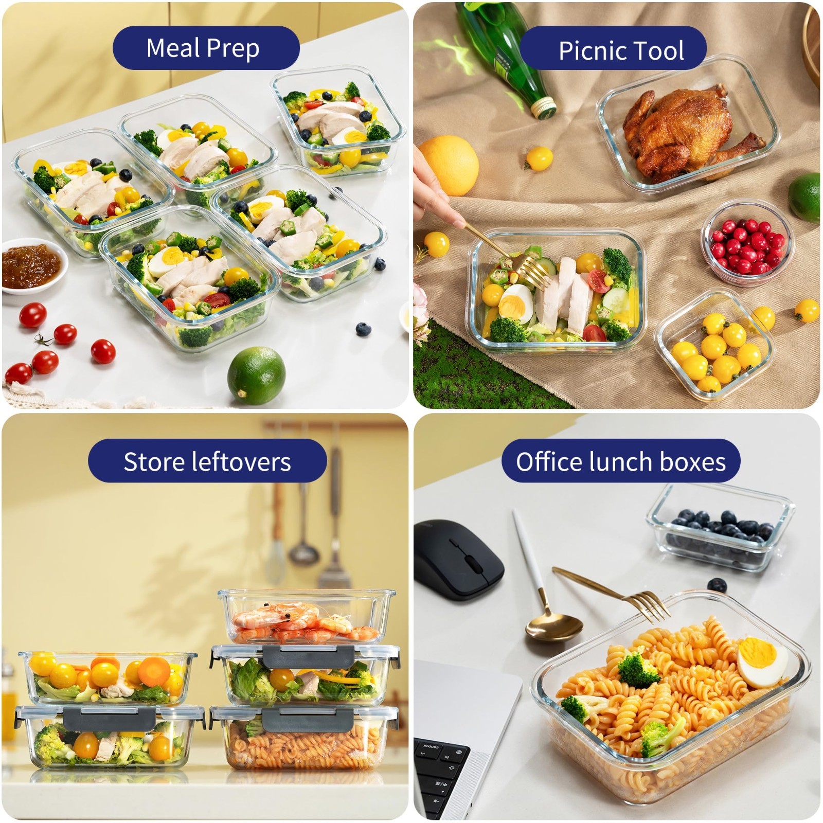 5-Pack 36 OZ Glass Storage Containers with Lids, Glass Meal Prep Containers Set,