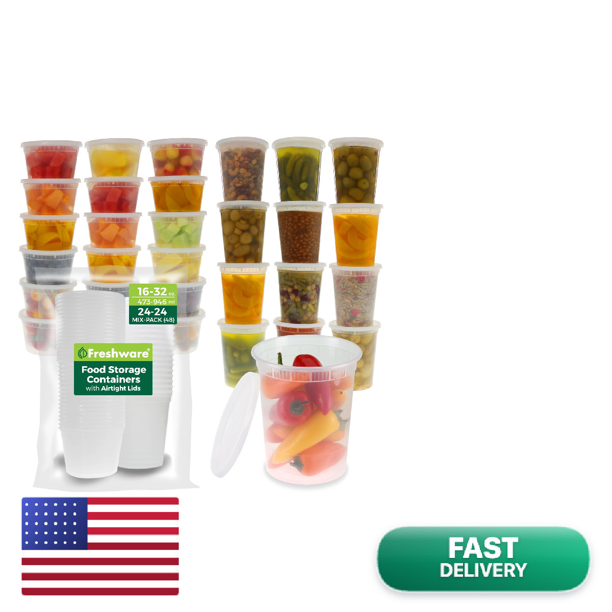 Freshware 48 Pack Of 16 And 32 Oz 24 Sets Each Size Food Storage Containers