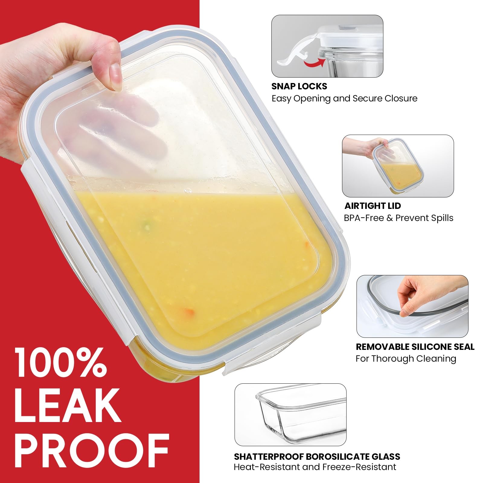 Snuvid 4 Pack 8 Cups Large Glass Storage Containers with Lids Meal Prep Leak Pro