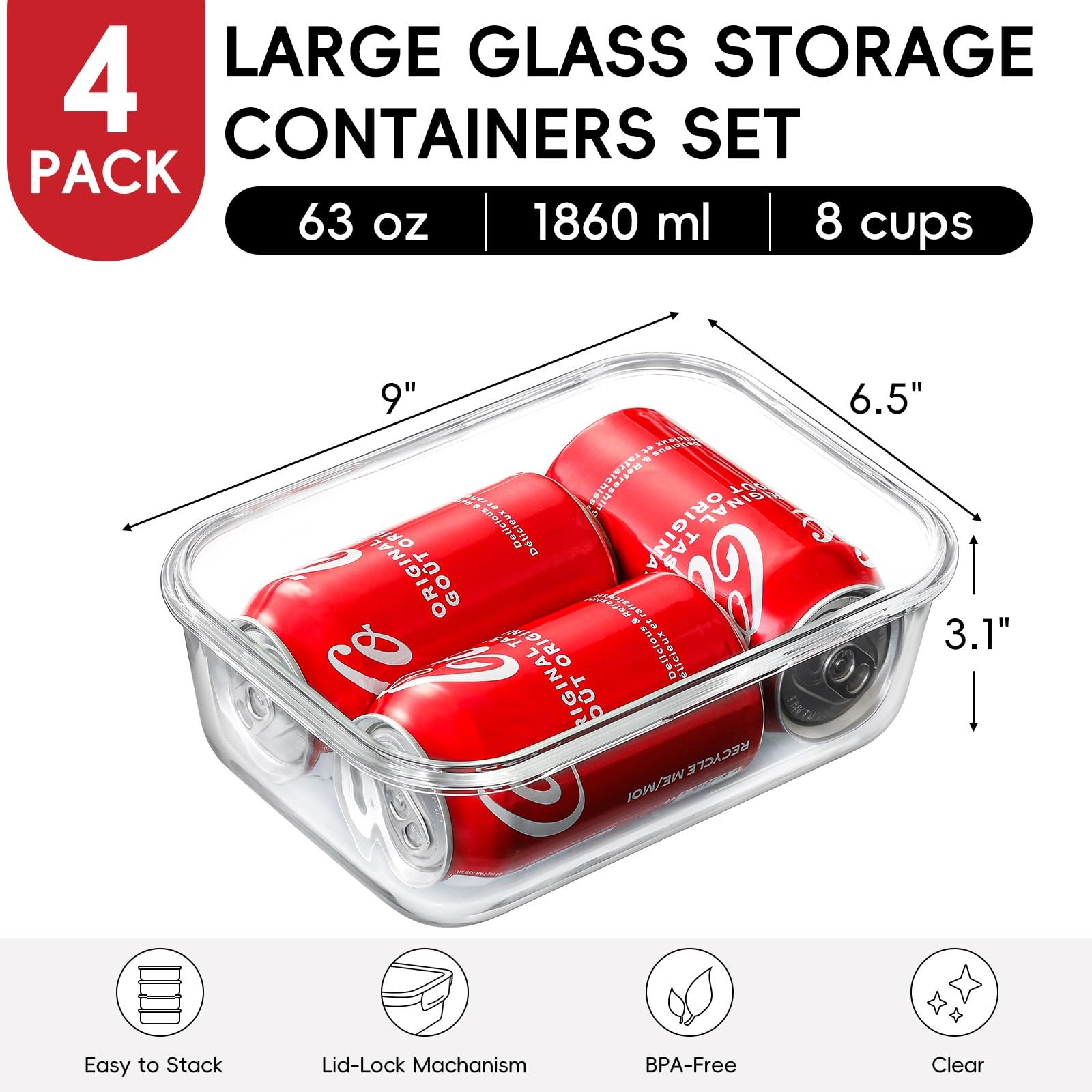 Snuvid 4 Pack 8 Cups Large Glass Storage Containers with Lids Meal Prep Leak Pro