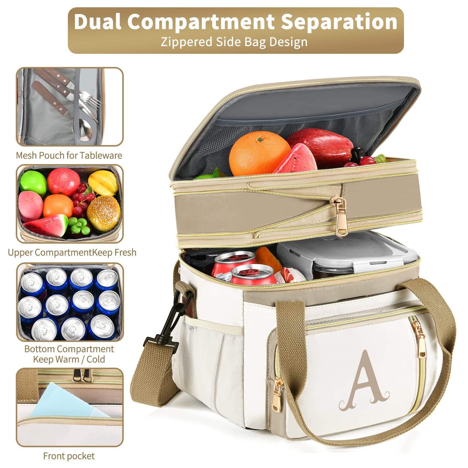 LOKASS 16L Initial Insulated Lunch Bag for Women Work Leakproof Cooler Tote