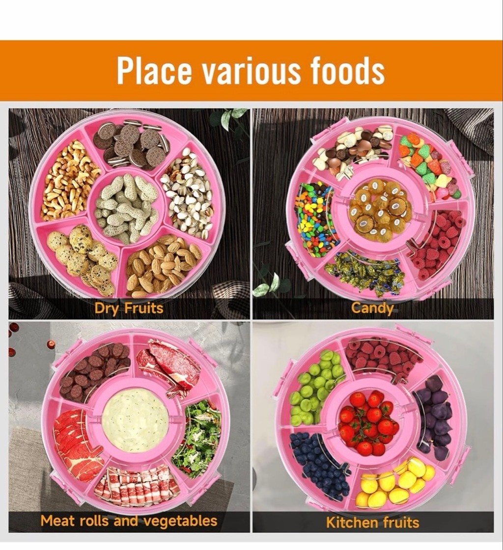 NEW PINK Snackle Dishwasher Safety Divided Rotating Serving Tray Handle Portable