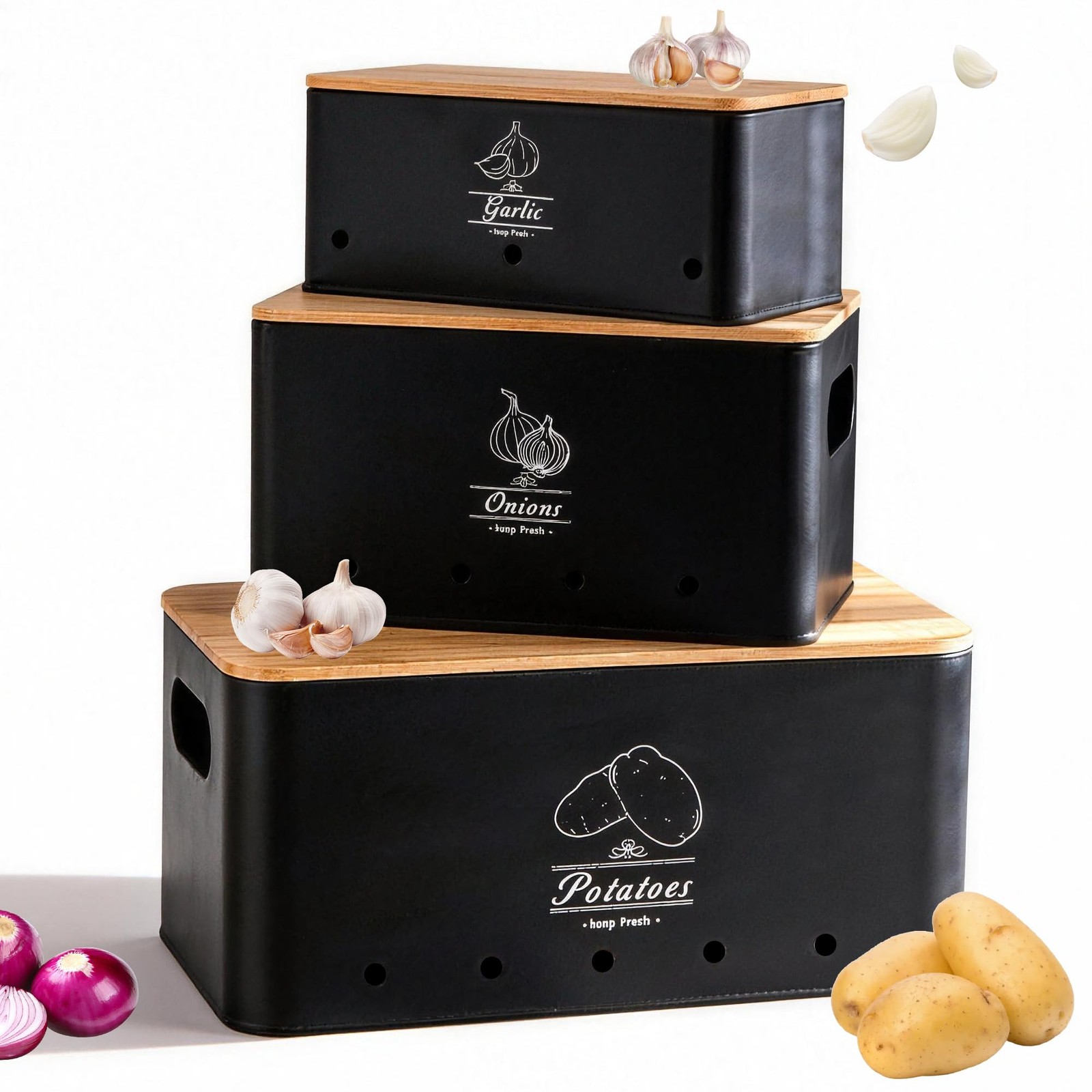 Potato Onion and Garlic Storage Bin Set of 3, Black Metal Kitchen Vegetable C…
