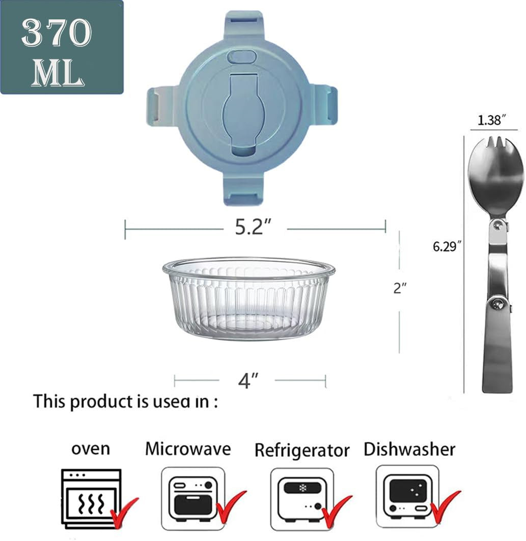 12Oz round Glass Food Storage Containers with Lids and Foldable Cutlery, 1.5 Cup