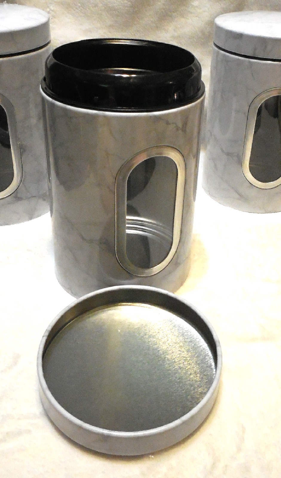 New 3 Marble Metal Kitchen Canisters Food Storage Decoration Windows Snap On Lid