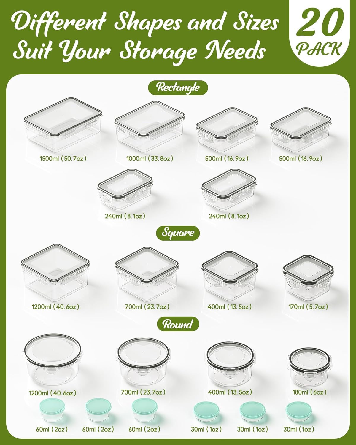 40 Piece Food Storage Containers with Lids(20 Containers & 20 Lids), Bpa-Free Pl