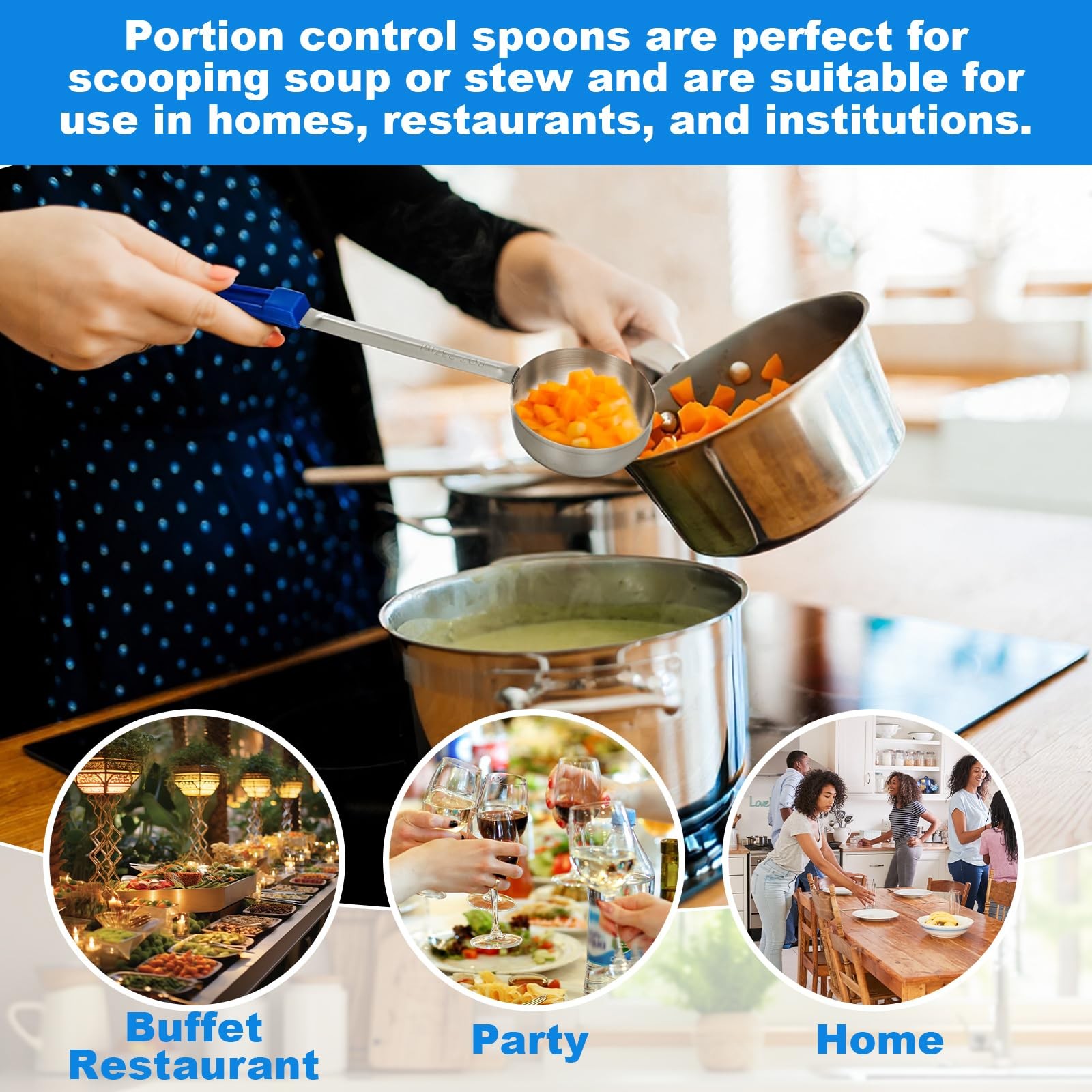 8 PCS 8oz Portion Control Serving Spoons Unslotted Scoops Blue Handle