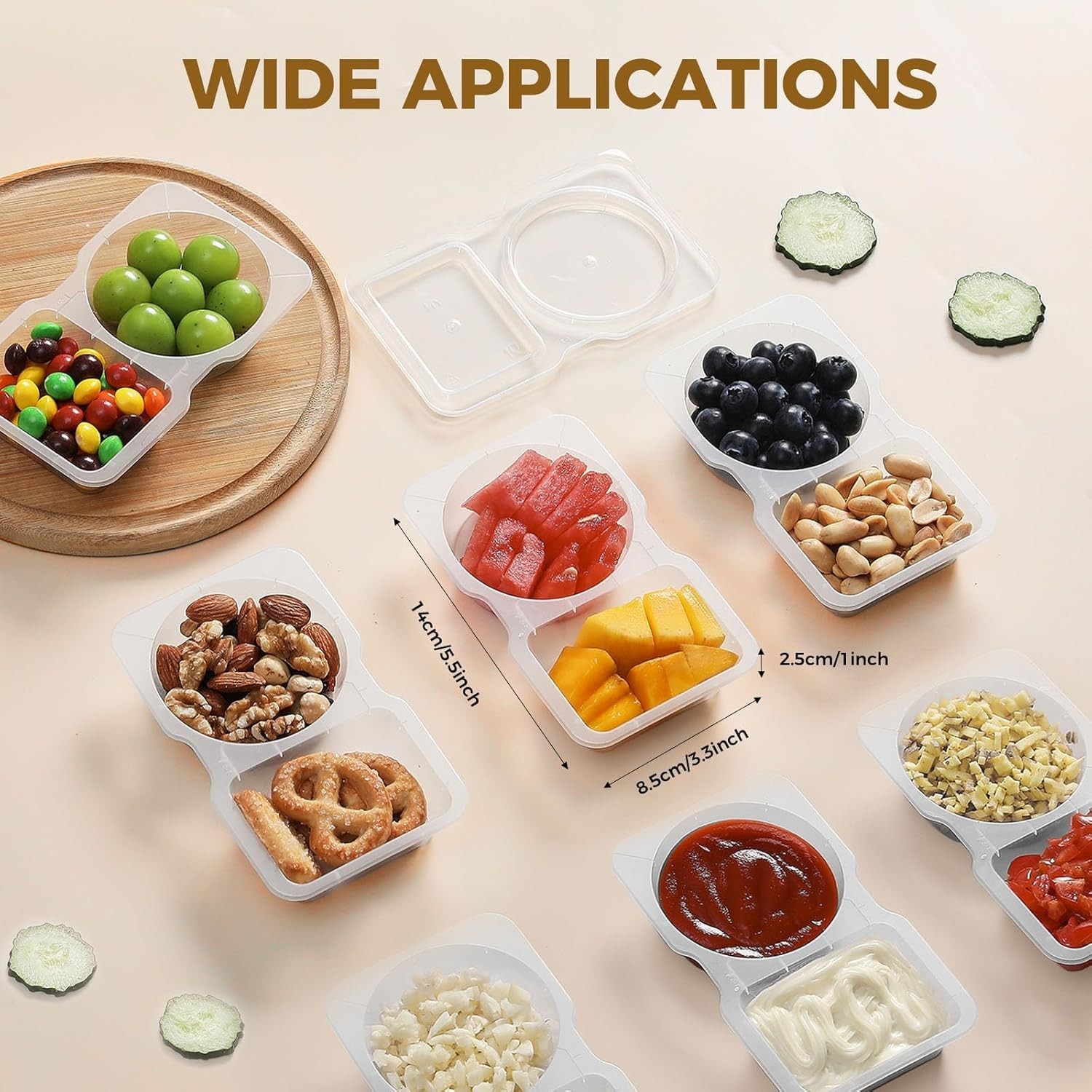 50PCS Double Compartment Condiment Containers w/ Lids Clear Snack Sauce Cups