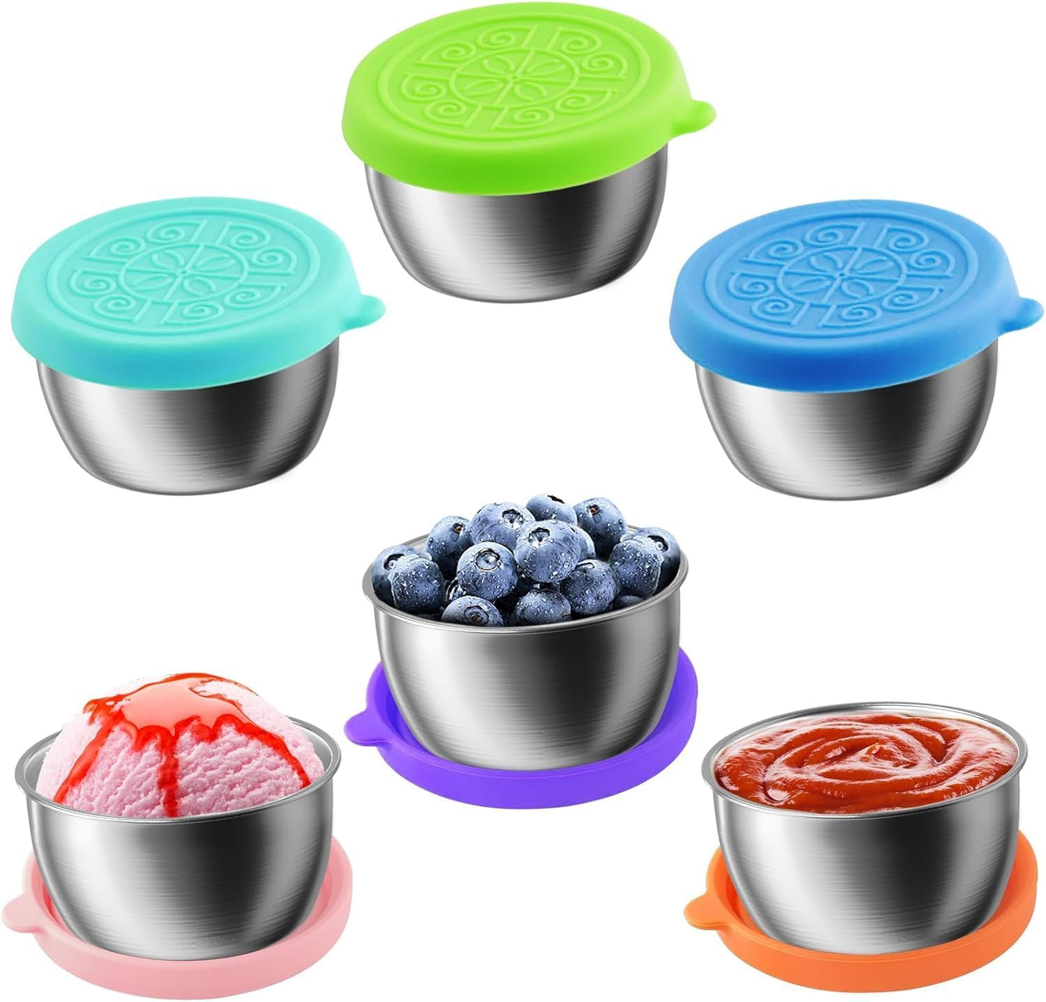 6PCS 1.7oz Stainless Steel Sauce Cups Leakproof Lids Reusable Containers