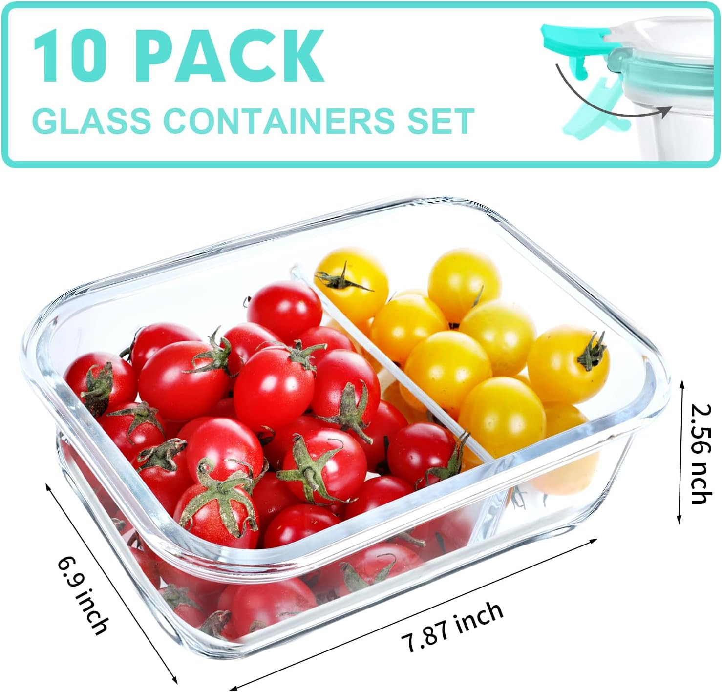 10 Pack Glass Meal Prep Containers – 2 Compartment Set, 30 OZ Airtight Glass Lun