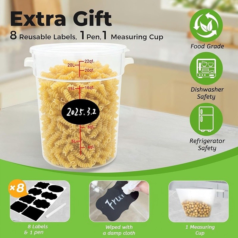 Large Food Storage Containers 22QT 4Pack BPA-Free W/ Sealed Lids Labels New