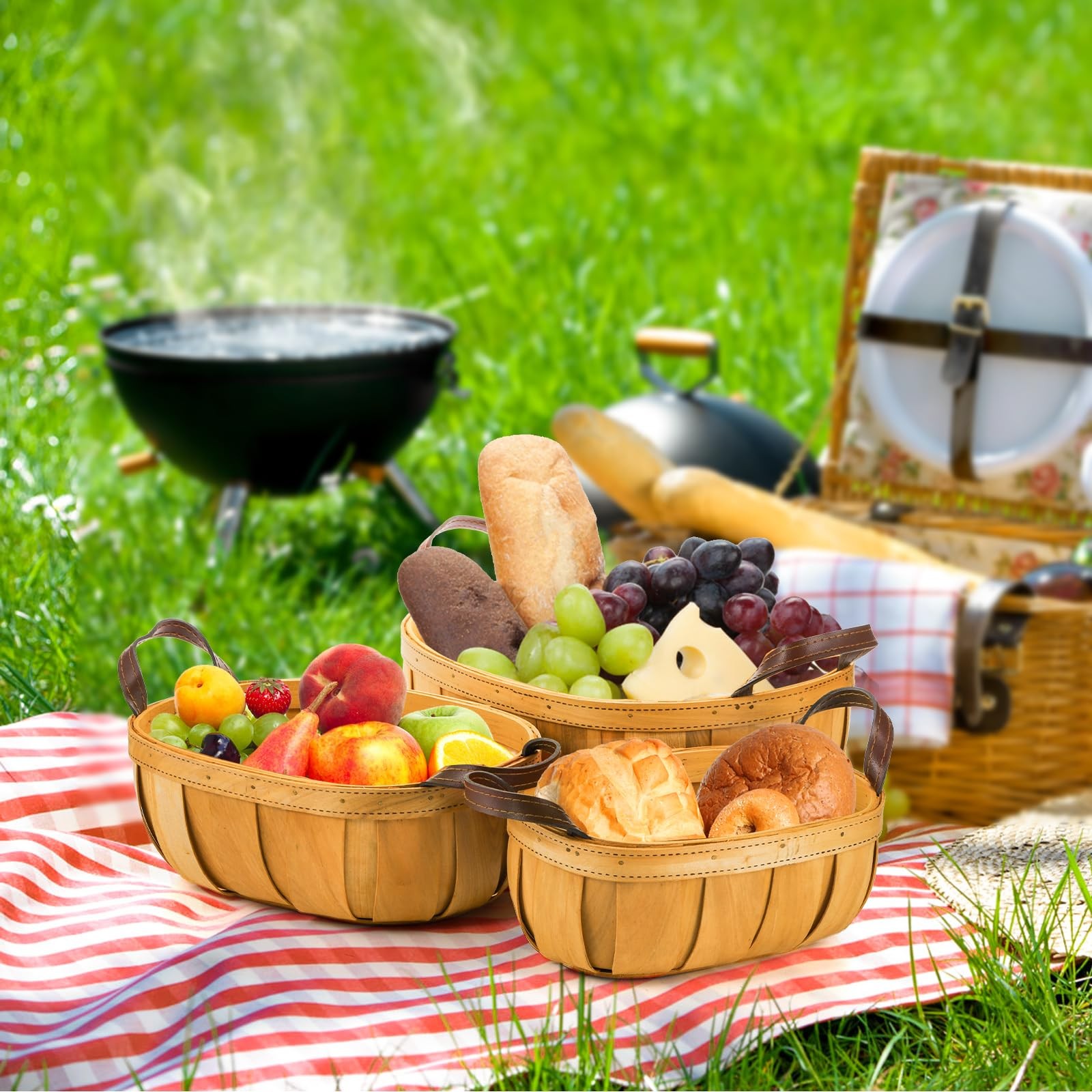 3 Pack Wooden Bread Baskets, Wood Chip Picnic Basket with Handles, Handmade W…