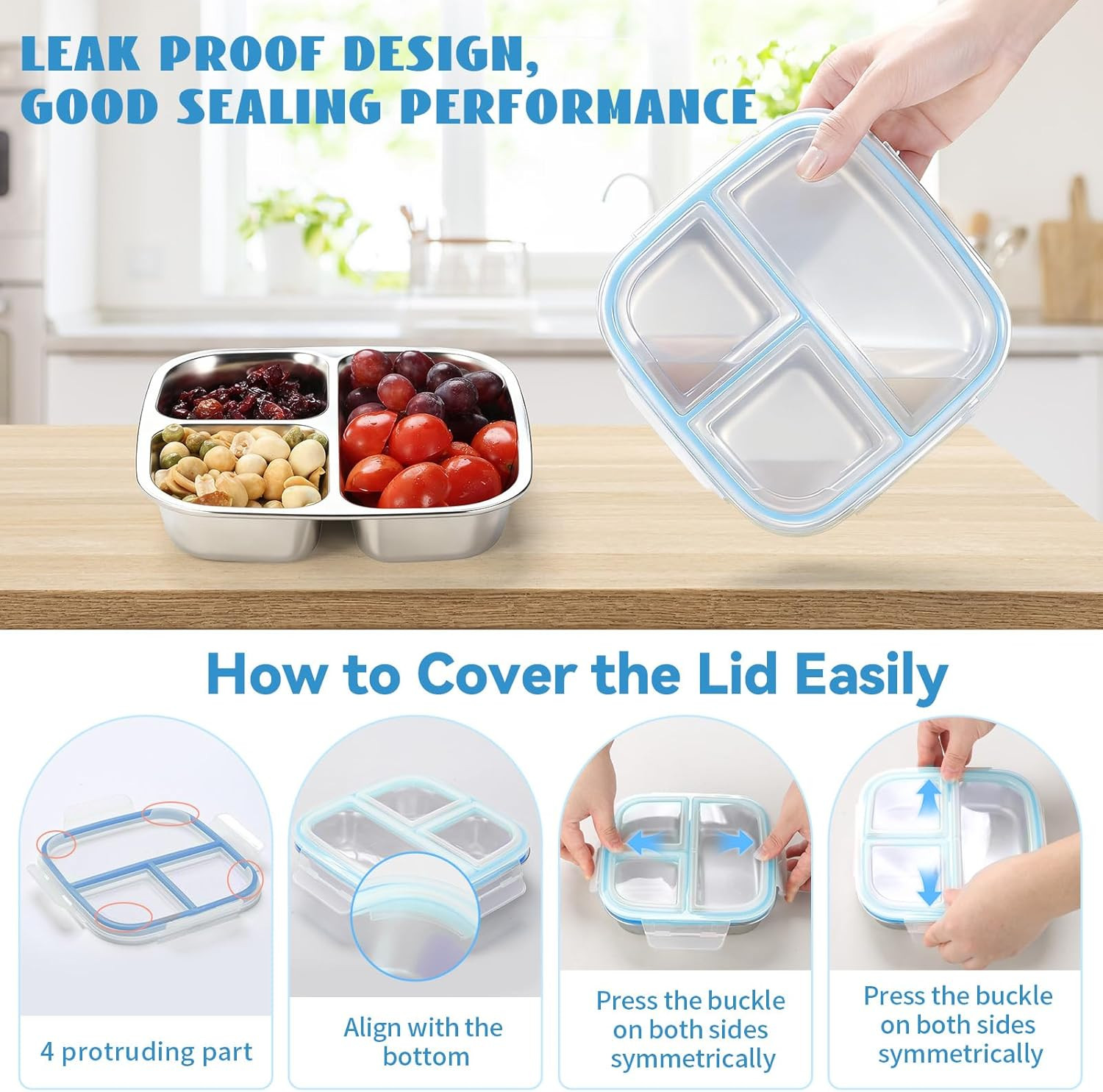 Stainless Steel Snack Containers, 3 Compartments Reusable on and Go Bento Box wi