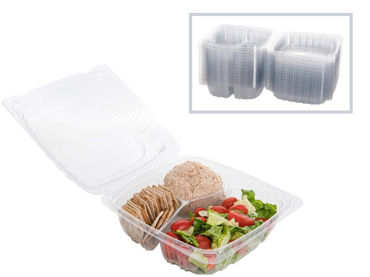 Plastic Clamshell Food Containers, (Pack of 50-8x8x3 3/8) 3-Compartment, to g…