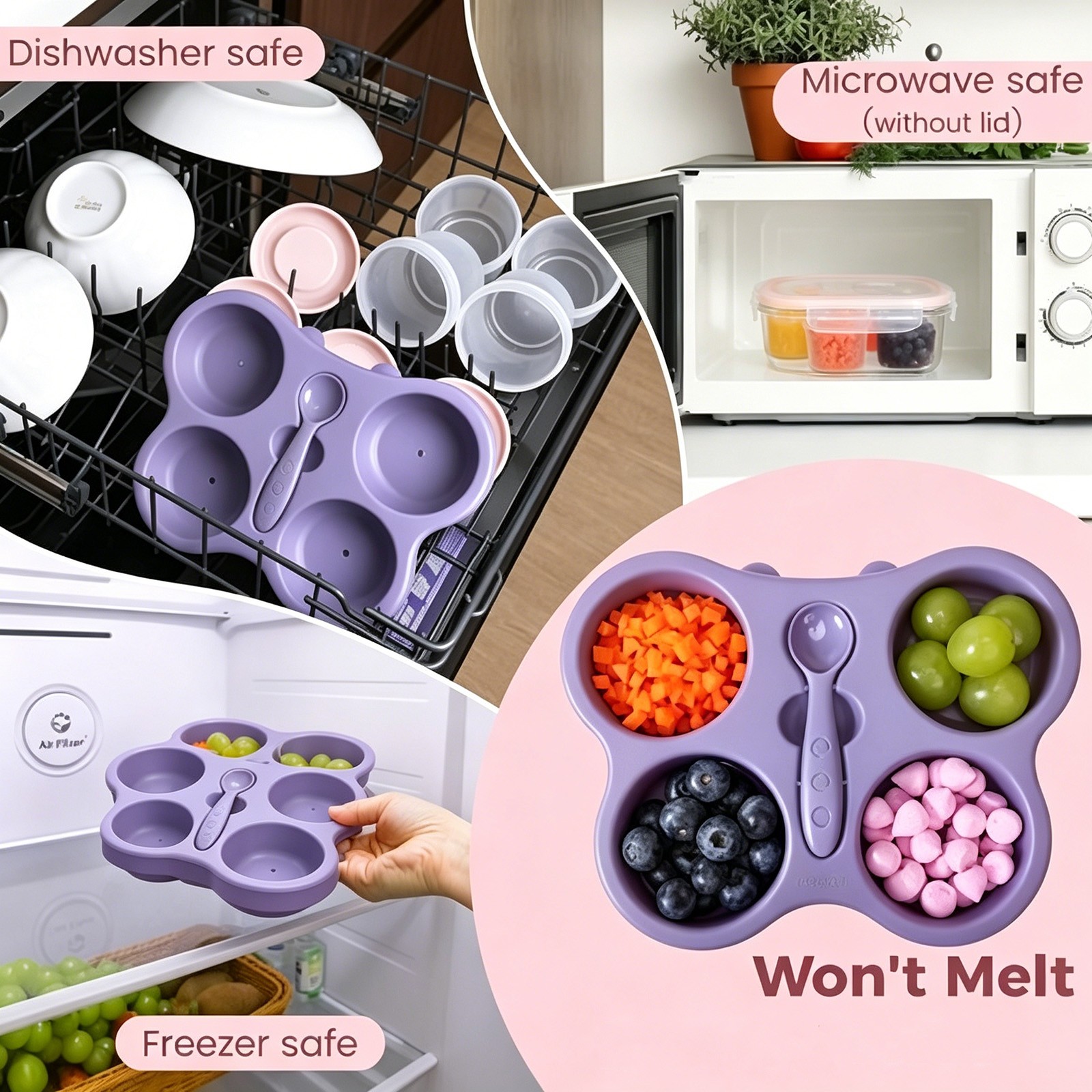 Leakproof Baby Food Storage Cups Set with Tray&Spoon Reusable for Infant Feeding