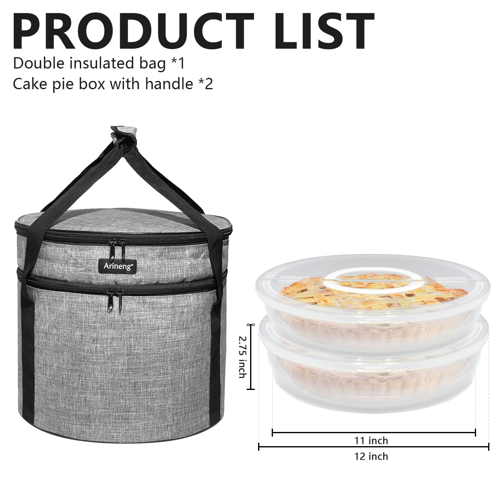 Arineng 2 pack pie carrier with lid and 2 carriers + insulated bag, Grey