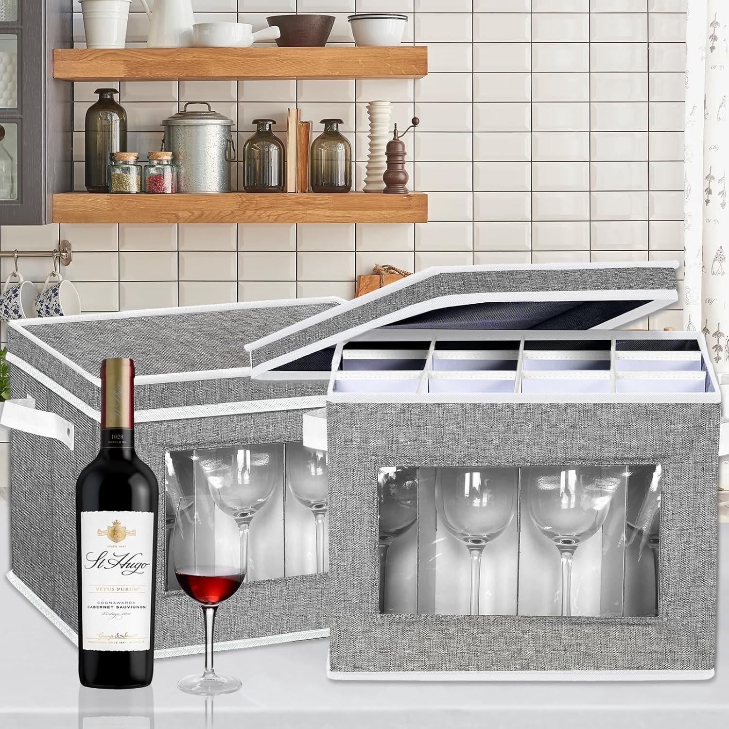 2 Pack Stemware Storage Cases, Wine Glass Storage Box with Dividers (Grey)