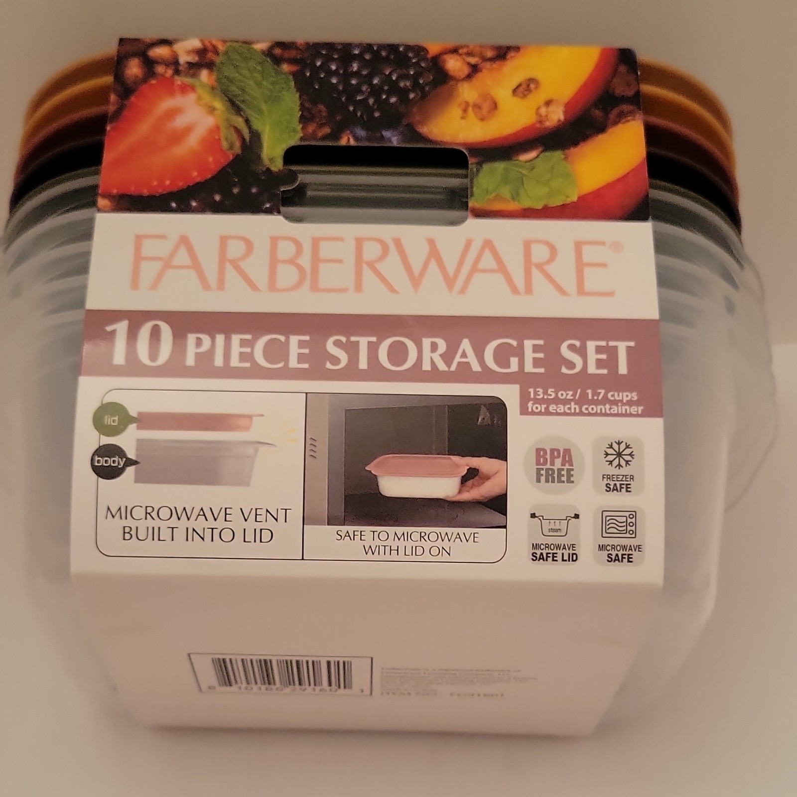 Farberware (2) 10pc 13.5oz Rect Food Storage Set Vented Lids BPA Free Clear