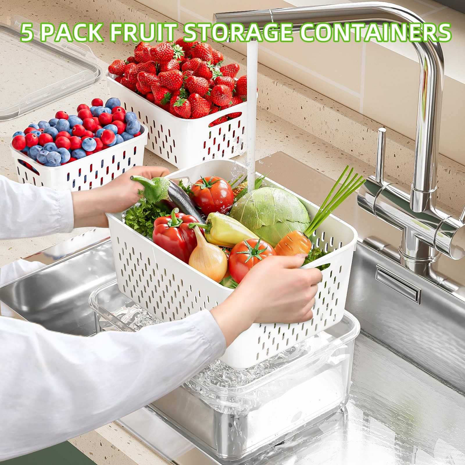 5 Pack Fruit Storage Containers for Fridge with Removable Colanders – Food St