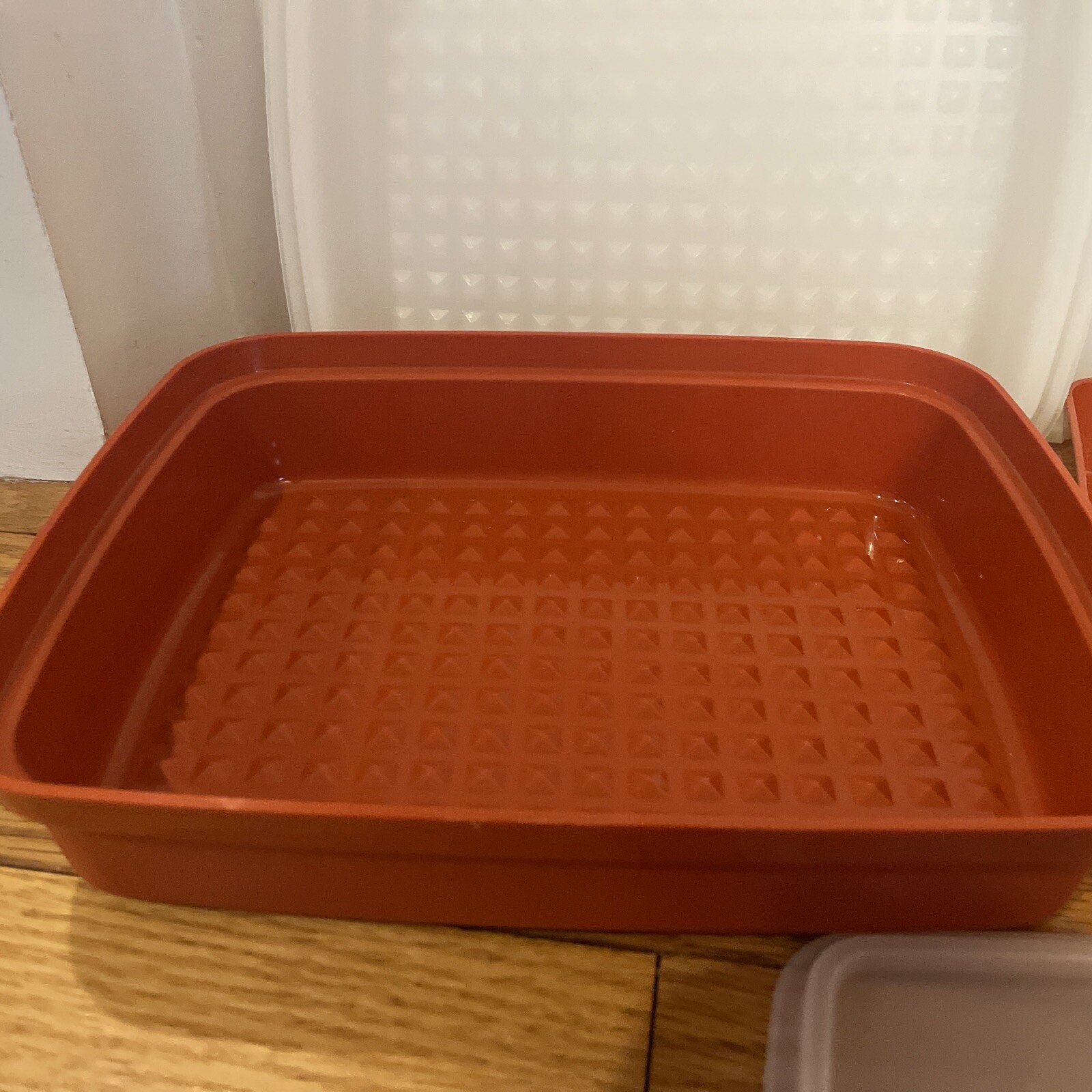 Vtg 6 Pc Lot Tupperware Orange Rectangle w/Clear Lids Meat Keeper Storage Retro