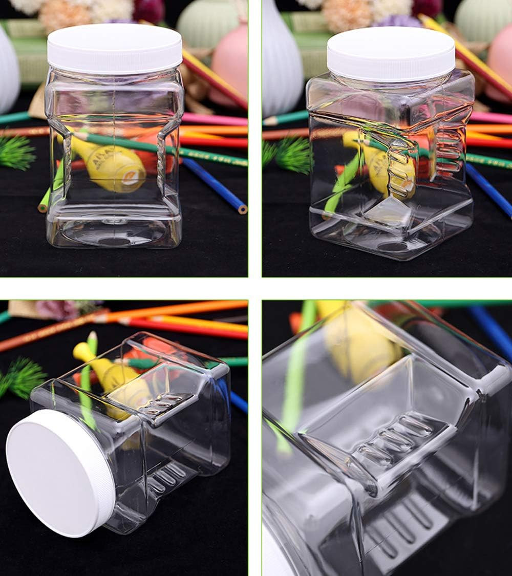 6 Pack Square Plastic Jars with Lids, 30 Oz Clear Rectangular 4-Cup Containers w