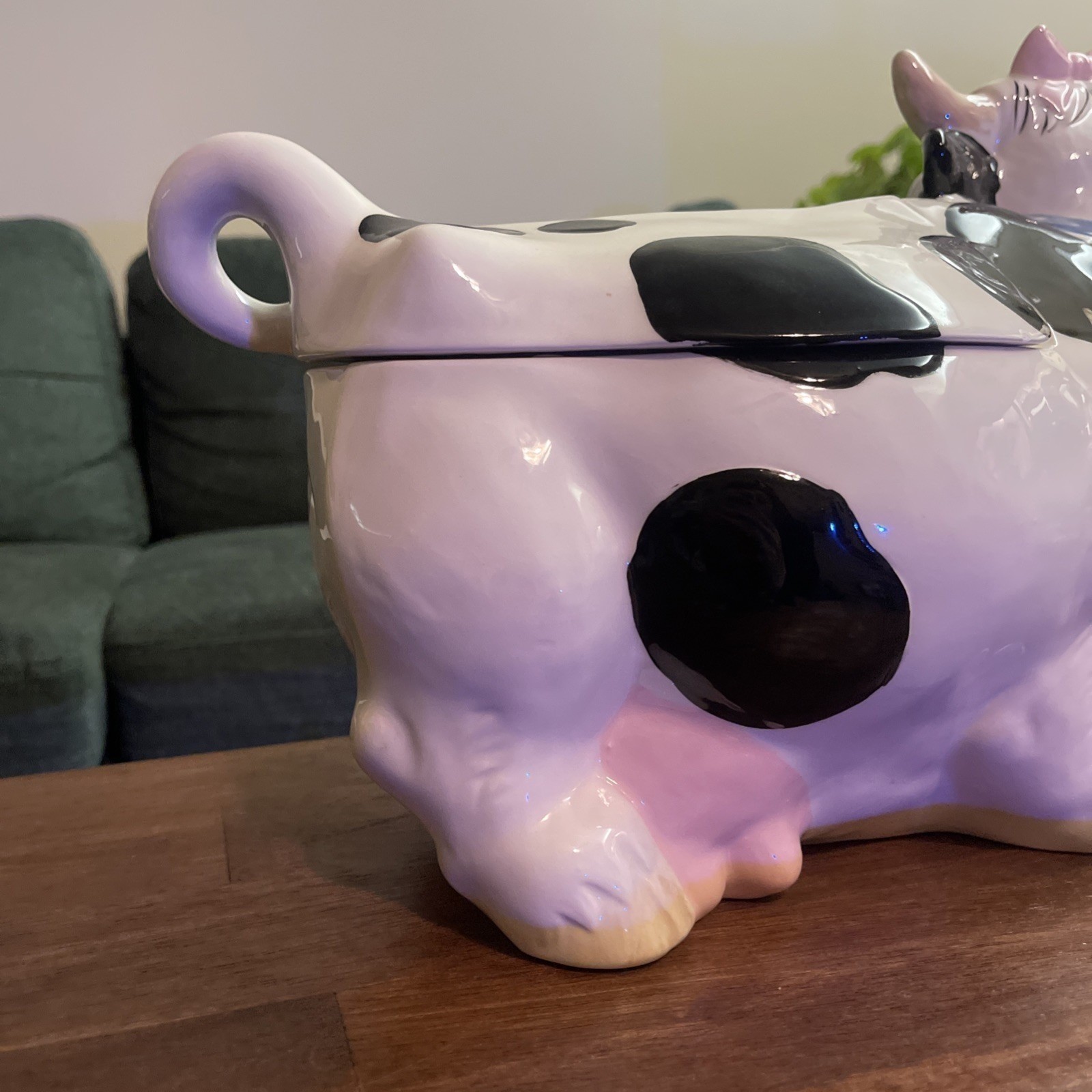 VTG Ceramic Cow Cookie Jar Black White Pink Bow Granny Twin Winton Cottage 16″